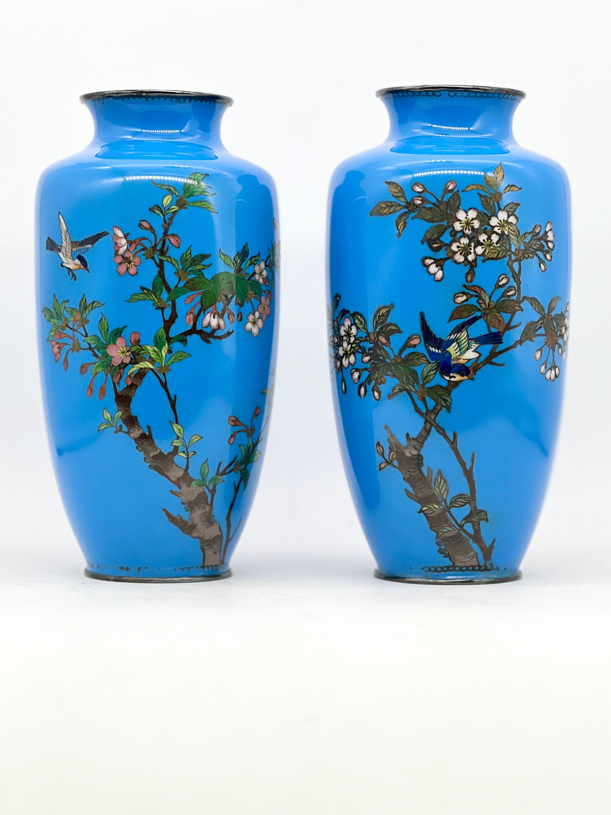 
UN PAR MUY FINO DE JARRONES JAPONESES DE ESMALTE CLOISONNÉ.

Periodo Meiji (1868-1912).


-Trabajada en alambre de plata y decorada con dos pájaros y un cerezo en flor sobre fondo azul.

Llantas de metal blanco .


Tamaño: H-21 cm, diámetro hasta