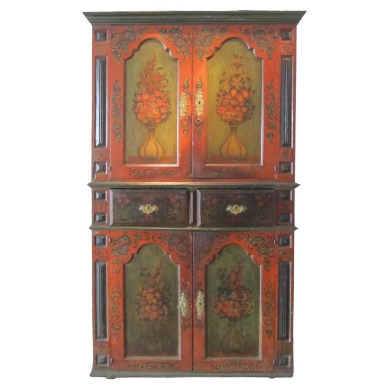 Magnificent Portuguese Chestnut Polychrome Painted Cabinet, 18th Century For Sale