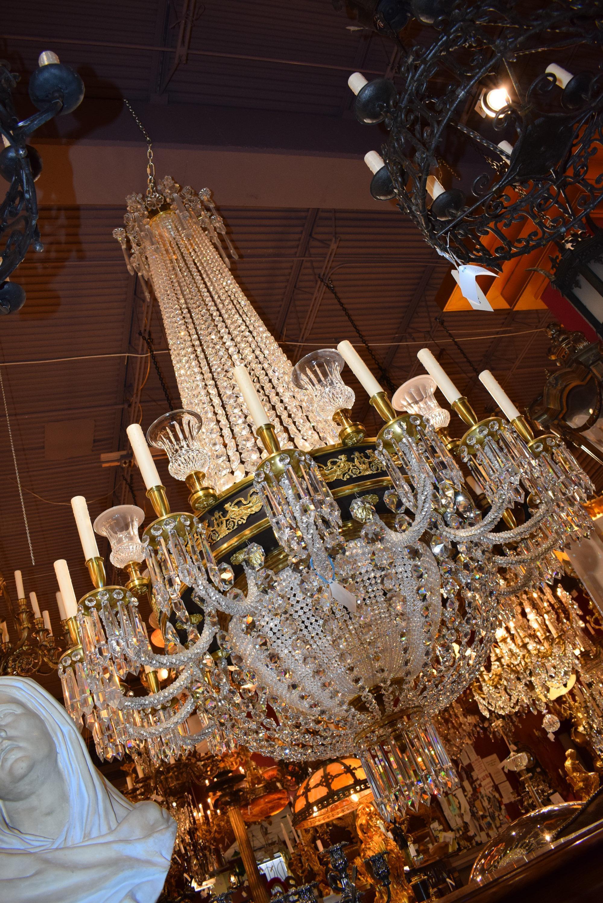 Magnificent Swedish Gilt Bronze & Crystal Chandelier In Good Condition For Sale In Atlanta, GA