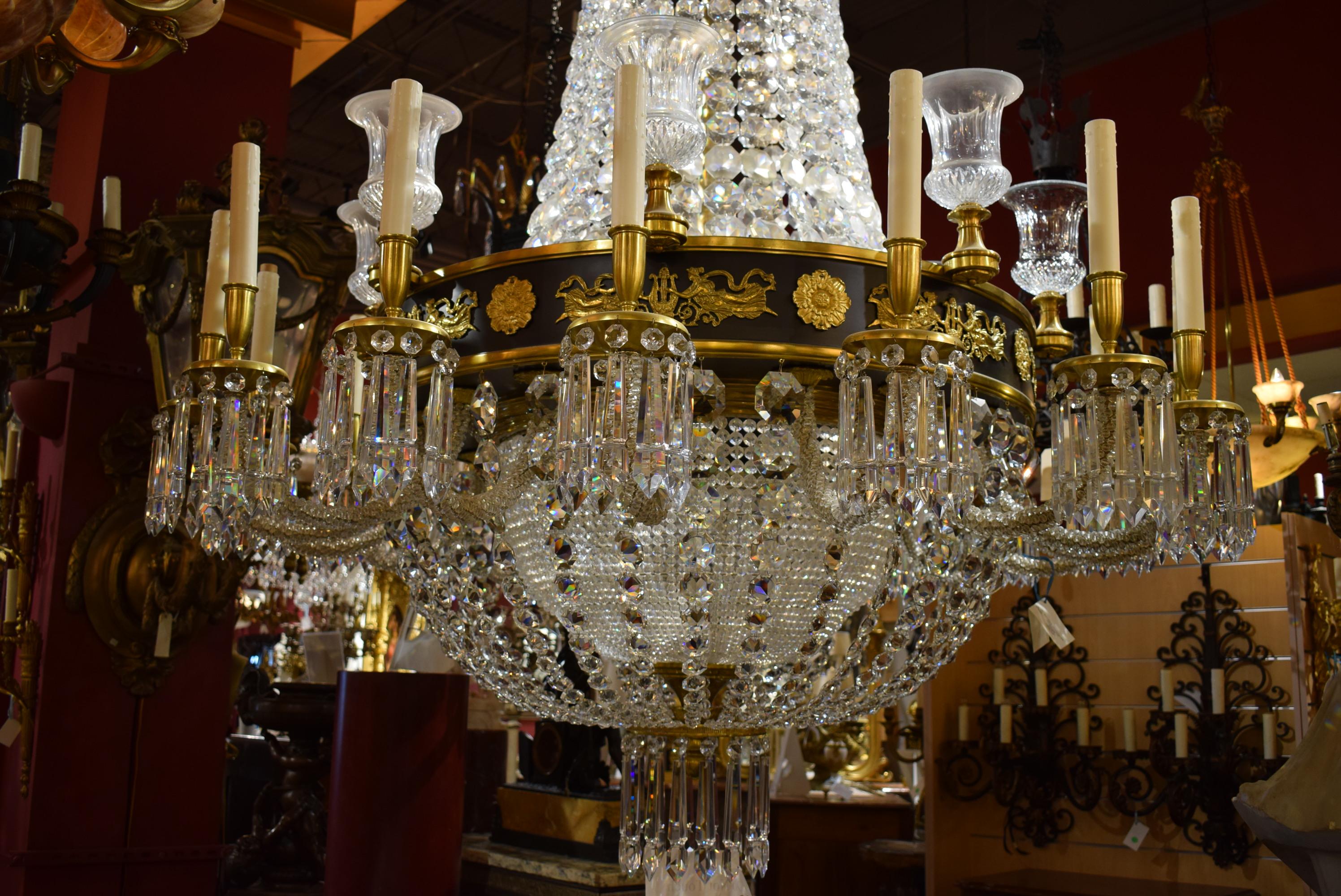 Early 20th Century Magnificent Swedish Gilt Bronze & Crystal Chandelier For Sale