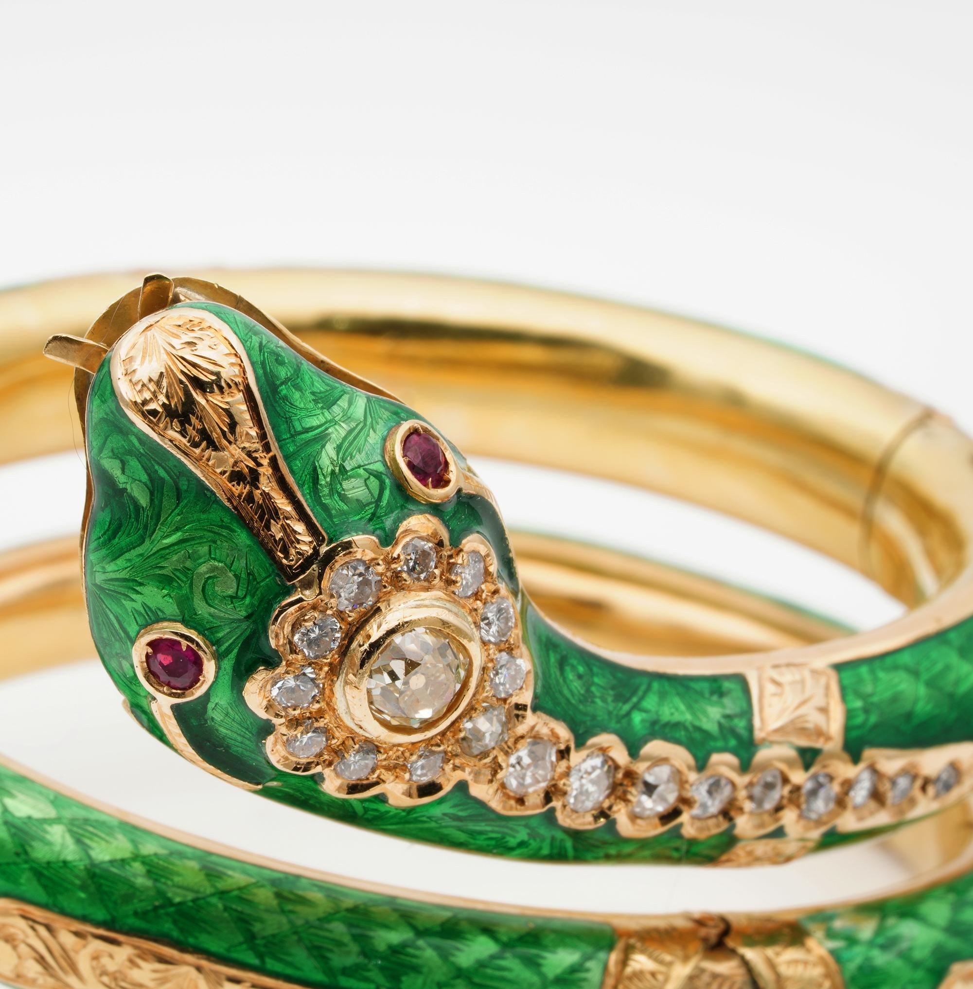 Magnificent Victorian Green Enamel Diamond Ruby Rare Snake Bracelet For ...