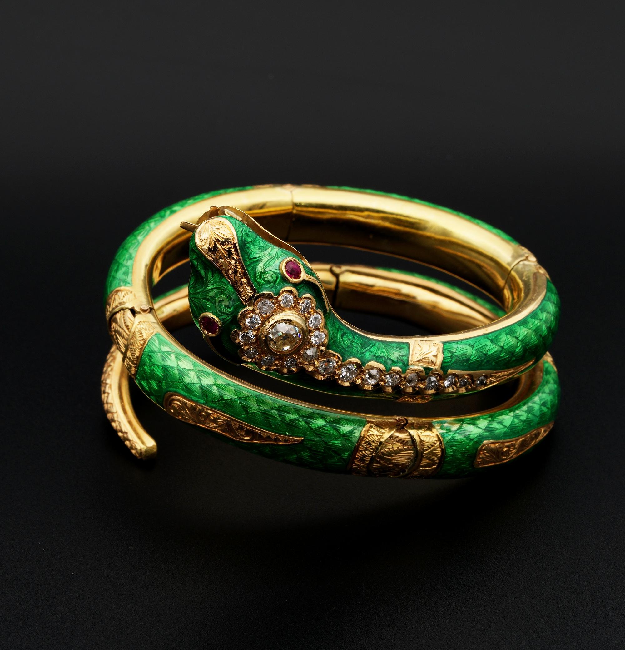 Women's or Men's Magnificent Victorian Green Enamel Diamond Ruby Rare Snake Bracelet For Sale