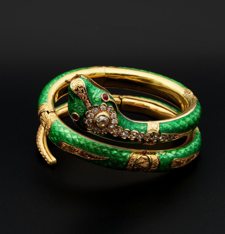 Magnificent Victorian Green Enamel Diamond Ruby Rare Snake Bracelet For
