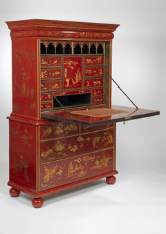 Magnificent William and Mary Red Lacquer and Gilt Secretaire on Chest