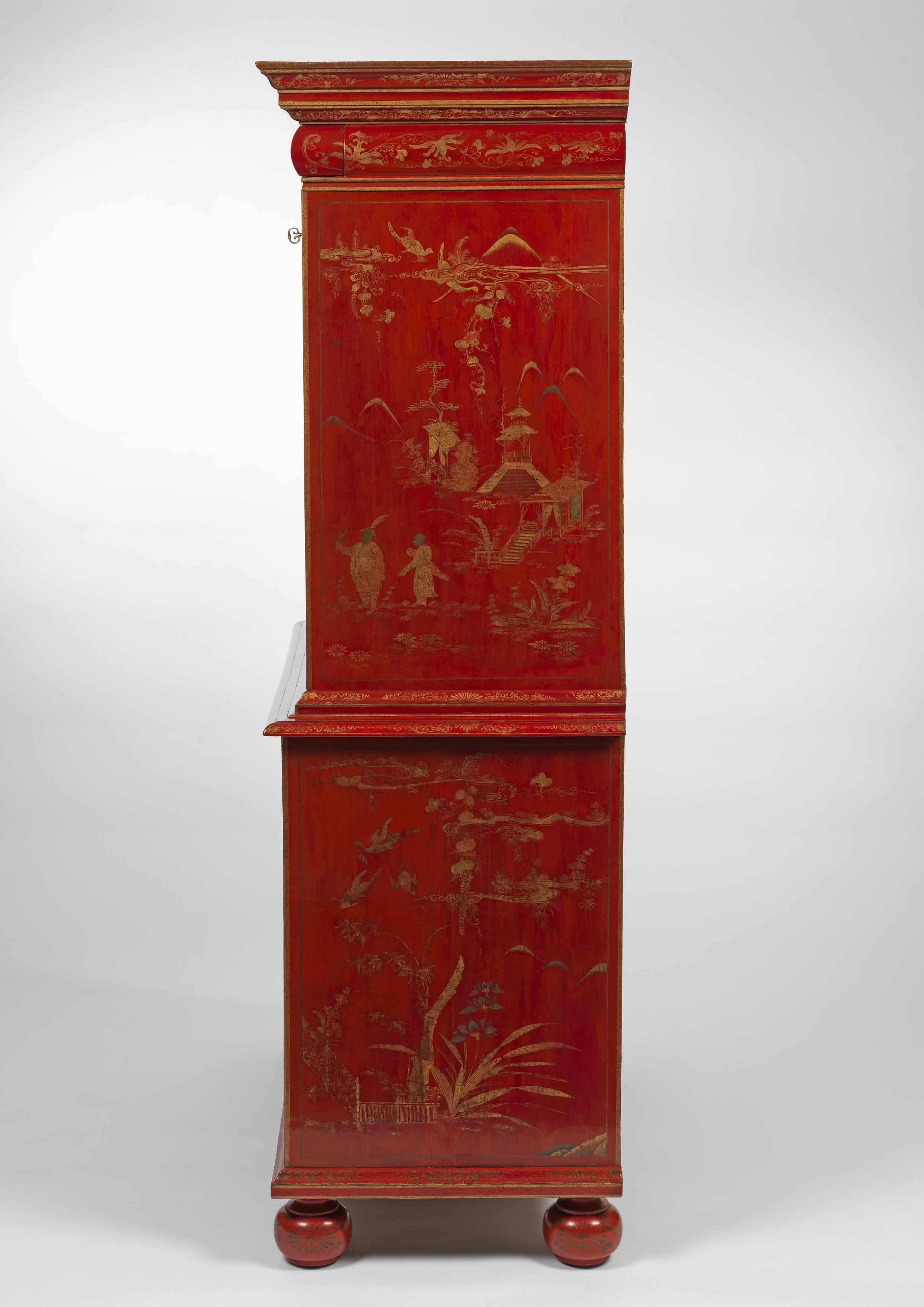 Japanned Magnificent William and Mary Red Lacquer and Gilt Secretaire on Chest For Sale
