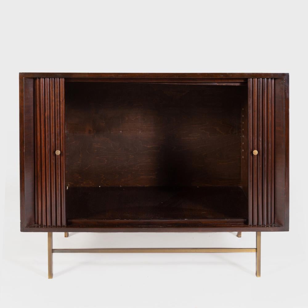 Mahogany and Brass Tambour Door Cabinet in the Manner of Harvey Probber In Good Condition In Stamford, CT