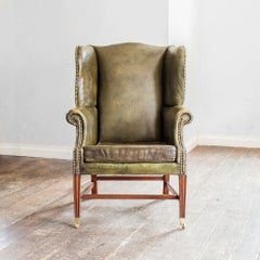 Mahogany and Green Leather Wing Armchair