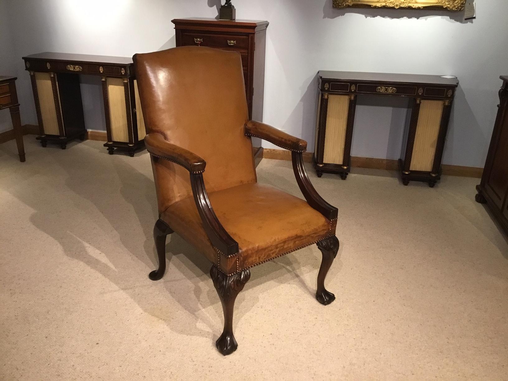 Mahogany & Tan Leather George III Style Gainsborough Armchair For Sale 7