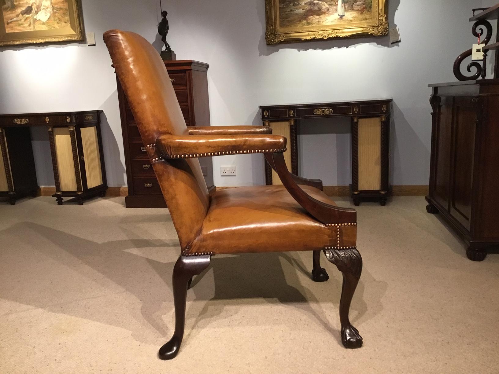 Mahogany & Tan Leather George III Style Gainsborough Armchair For Sale 2