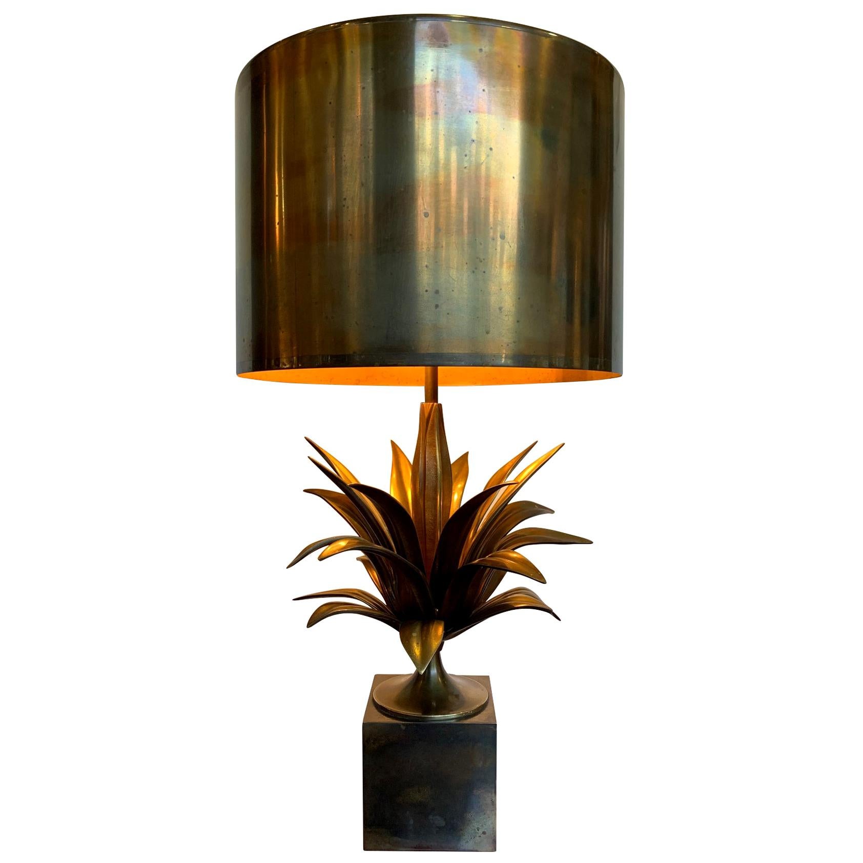 Maison Charles "Agave a Gorge" Bronze Lamps with Original Bronze Shade, Signed