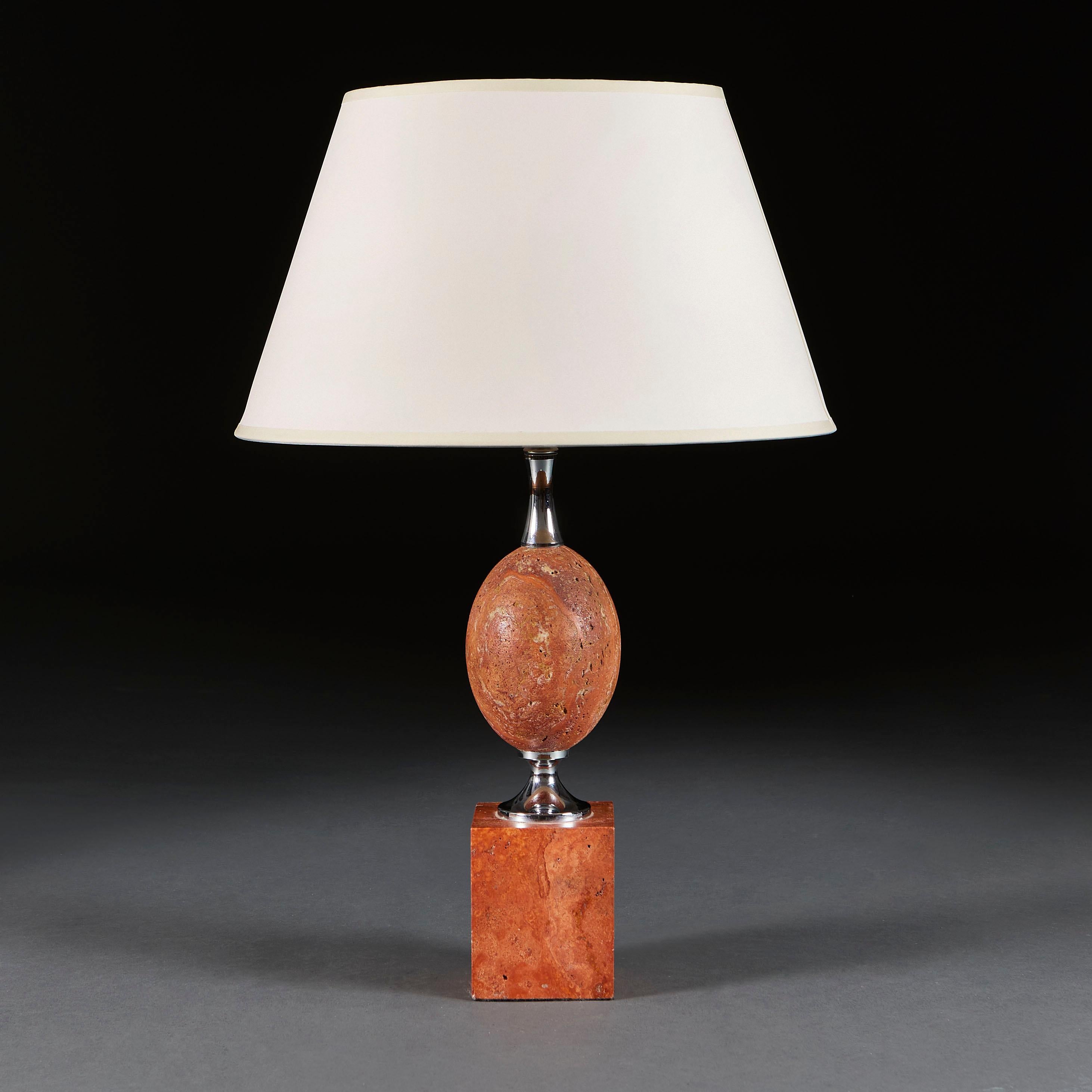 France, circa 1970

An unusual late twentieth century red travertine lamp with egg shaped body, joined with steel and supported on a square plinth base. Designed by Phillipe Barbier for Maison Barbier.

Height 40.00cm
Width 10.00cm
Depth