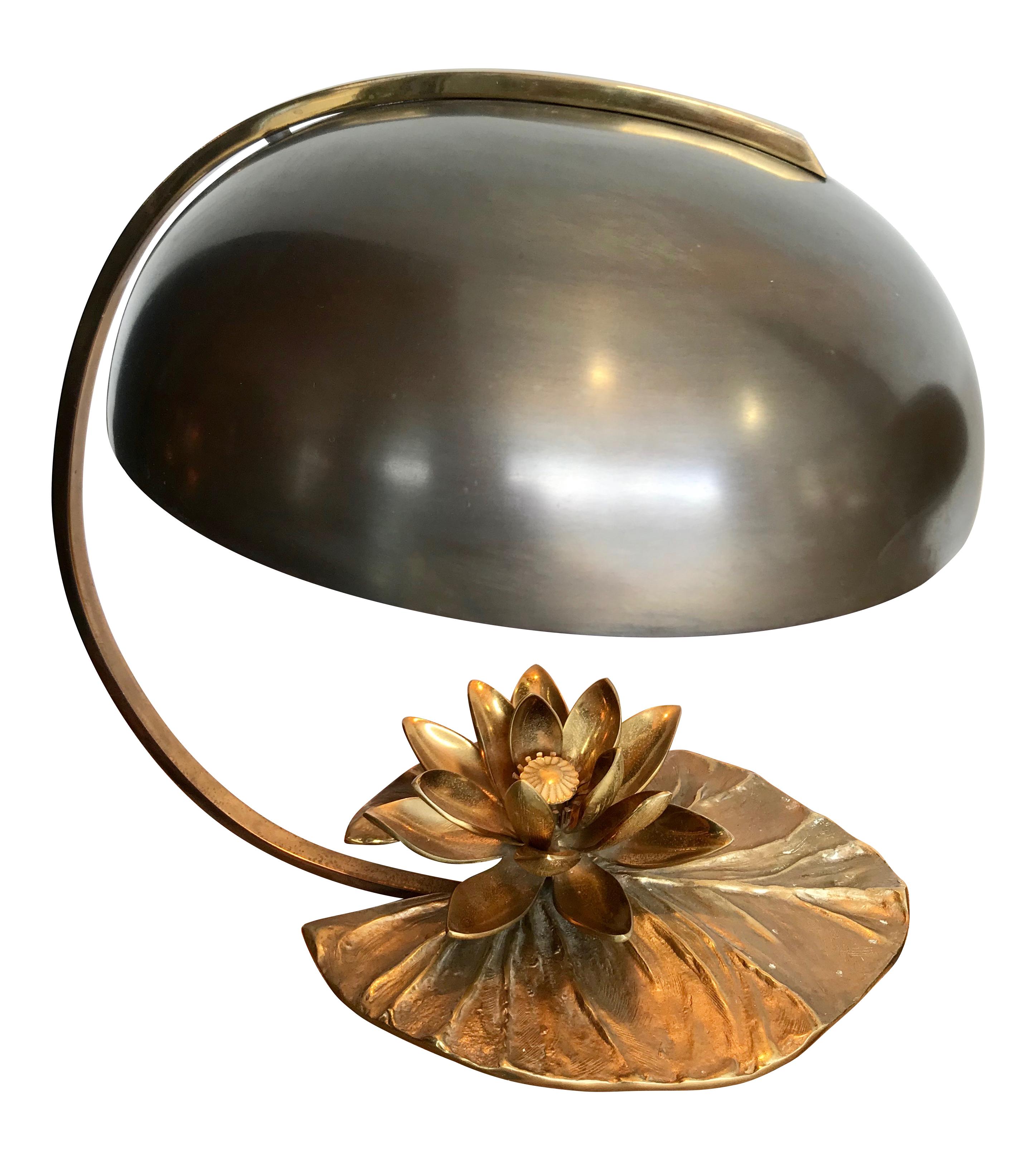 A Maison Charles “Nenuphar” bronze lamp designed and signed twice in the mould by Chrystiane Charles on the top and bottom of the lily pad leaf. She designed and made all the original clay moulds herself and only the earlier ones have the signature
