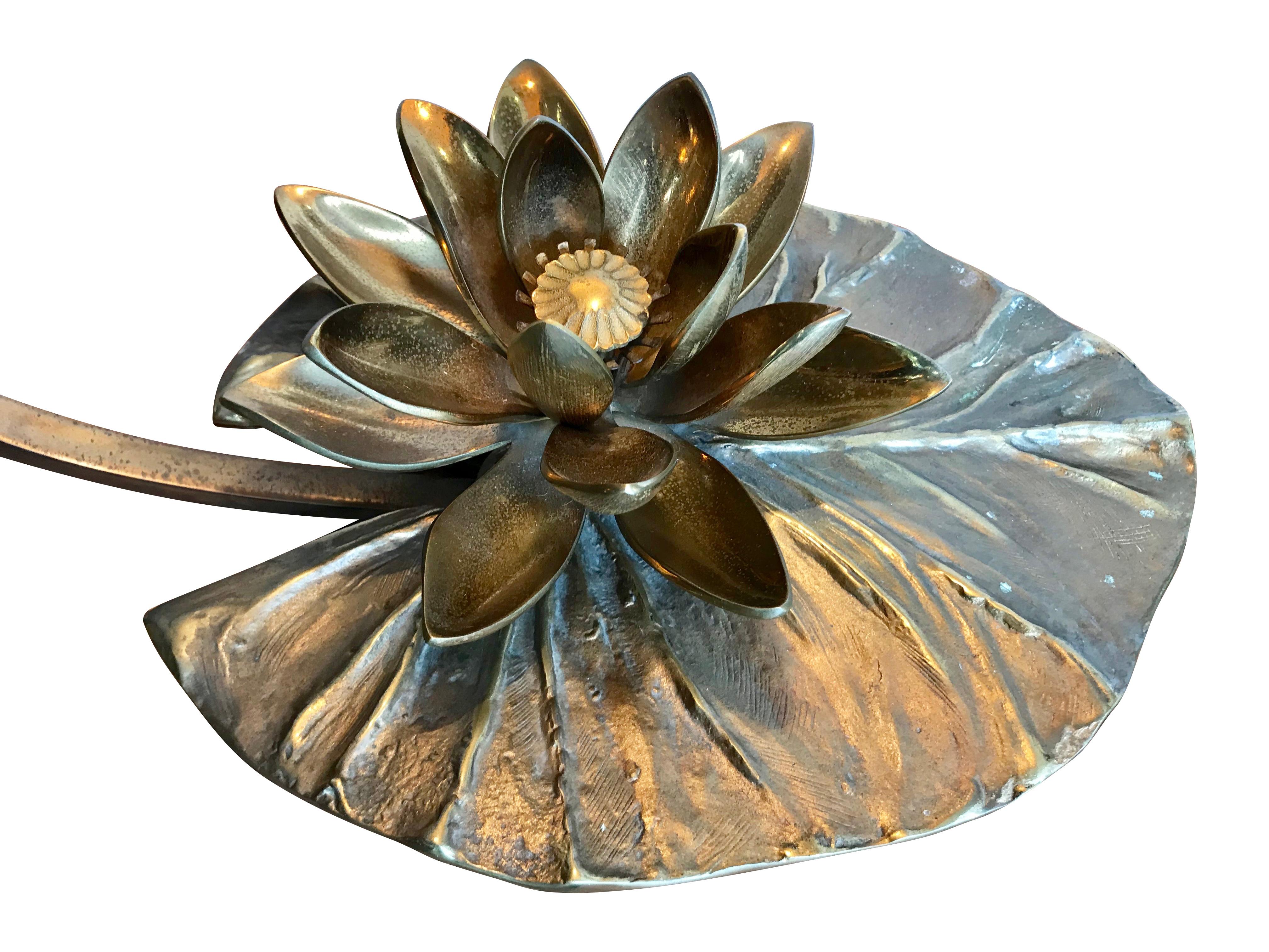 Brass Maison Charles “Nenuphar” Bronze Lamp with Original Domed Metal Shade
