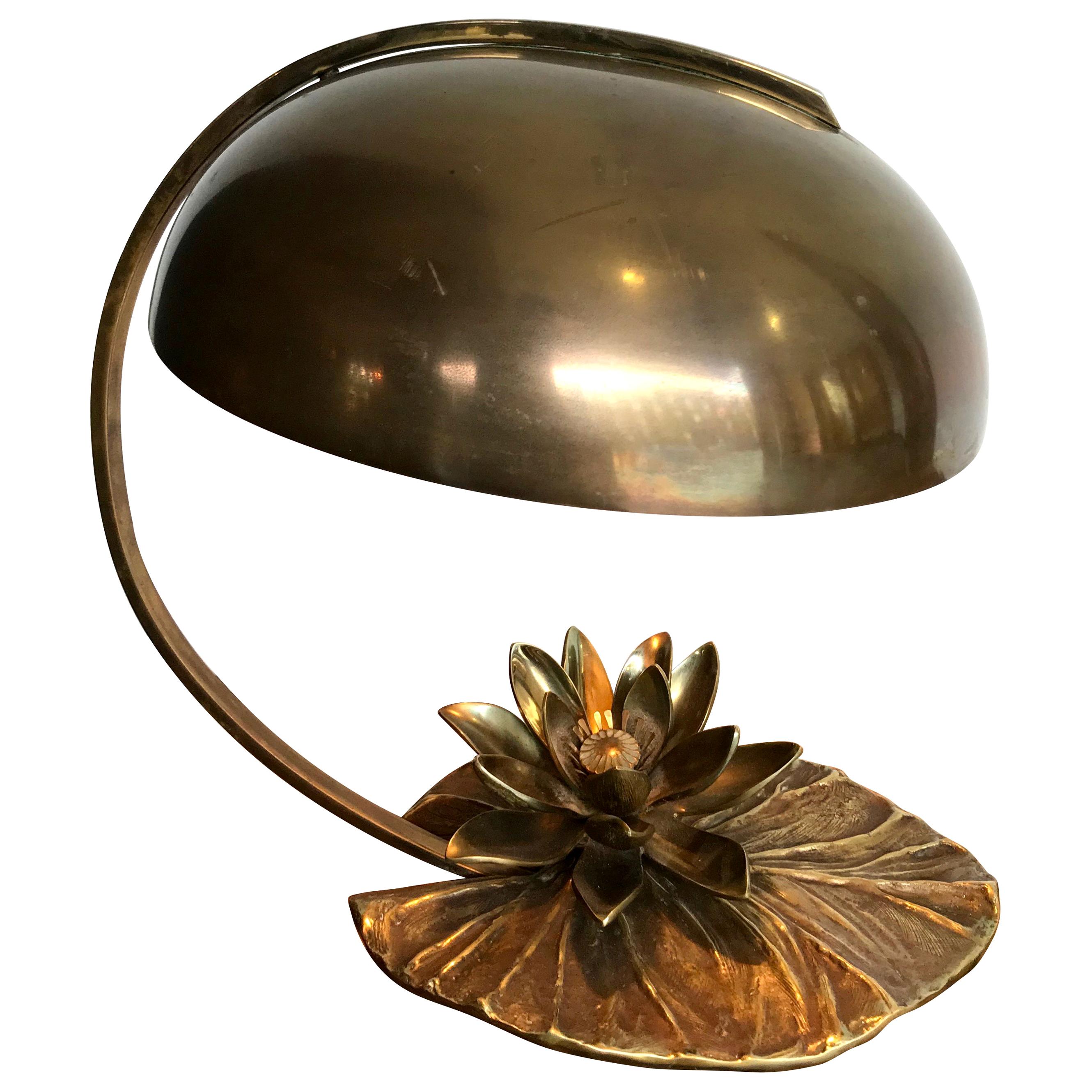 Maison Charles “Nenuphar” Bronze Lamp with Original Domed Metal Shade