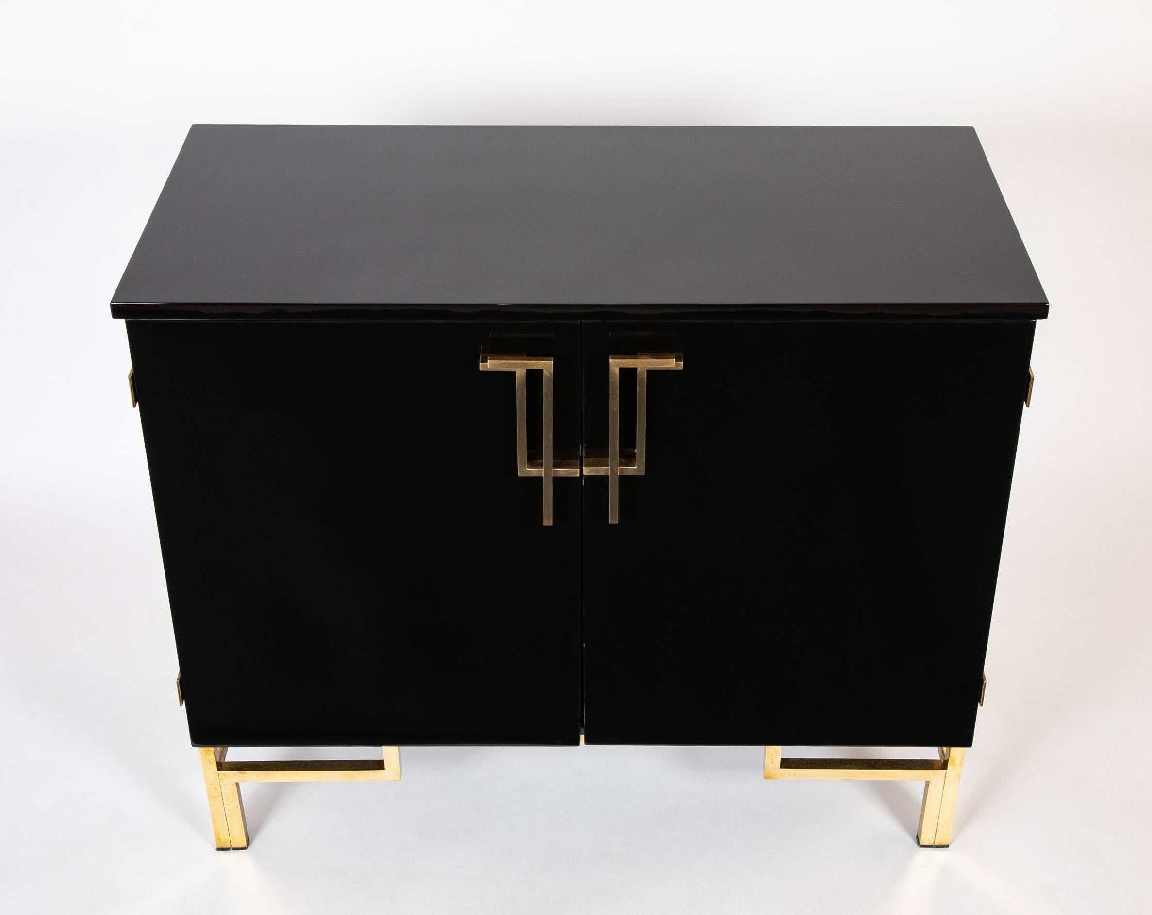 French A Maison Jansen Black Lacquer Cabinet with Gilded Brass Accents For Sale
