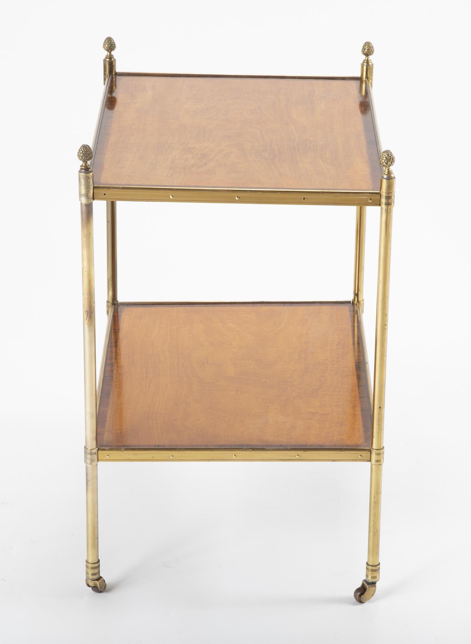Maison Jansen Brass Side Table with Two Mahogany and Rosewood Banded Shelves 4