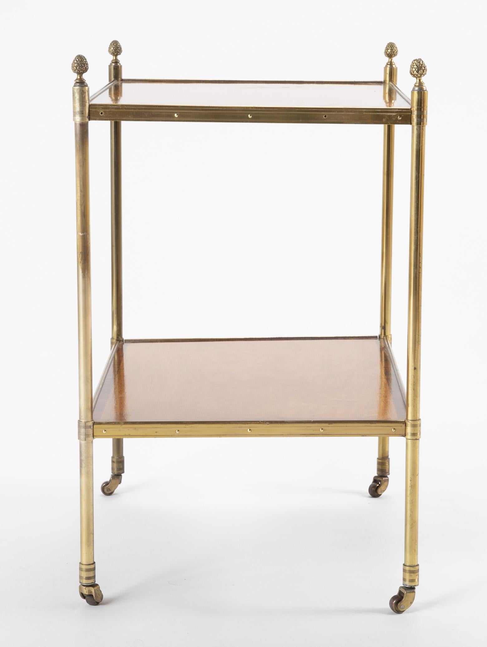 Maison Jansen Brass Side Table with Two Mahogany and Rosewood Banded Shelves 5