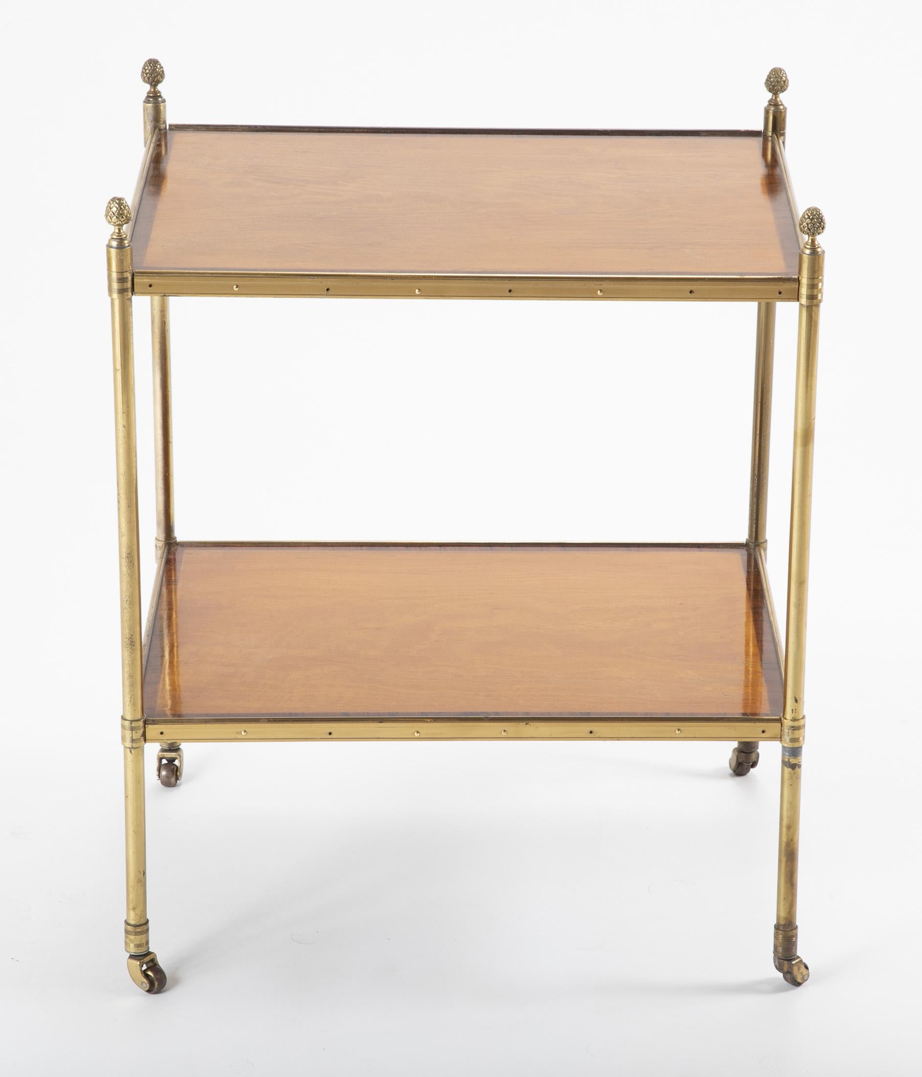 Neoclassical Maison Jansen Brass Side Table with Two Mahogany and Rosewood Banded Shelves