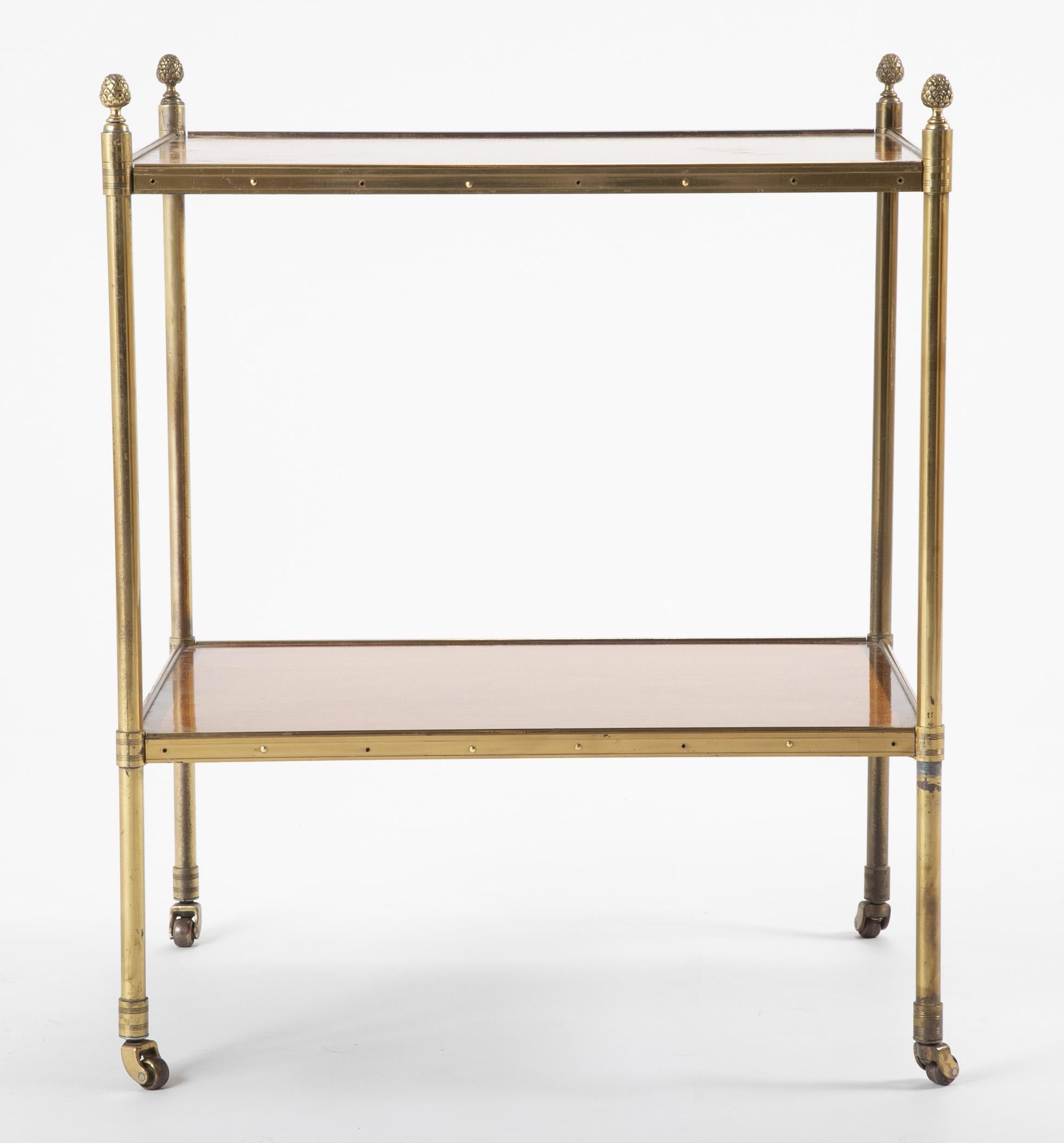 French Maison Jansen Brass Side Table with Two Mahogany and Rosewood Banded Shelves