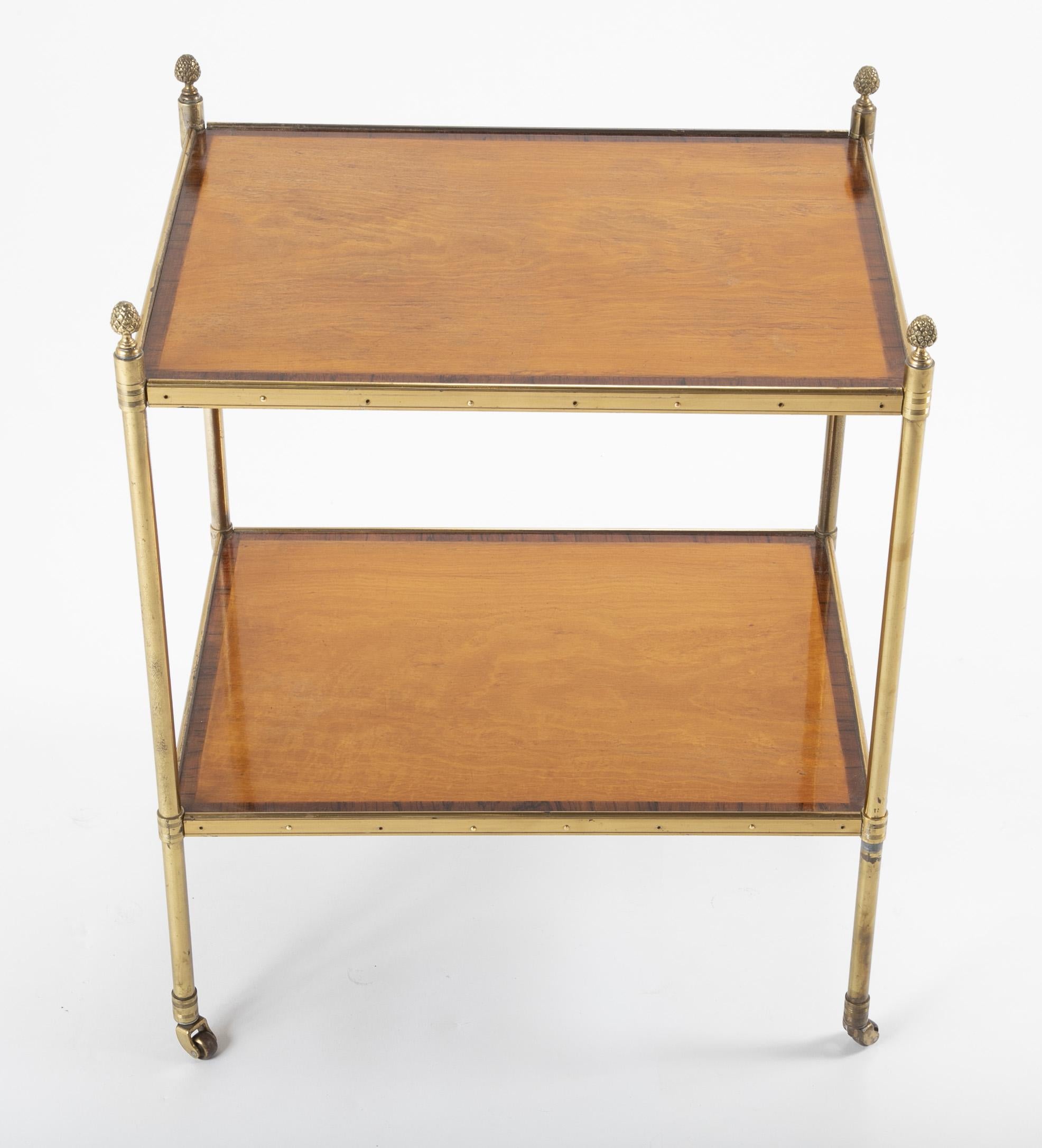 Maison Jansen Brass Side Table with Two Mahogany and Rosewood Banded Shelves In Good Condition In Stamford, CT