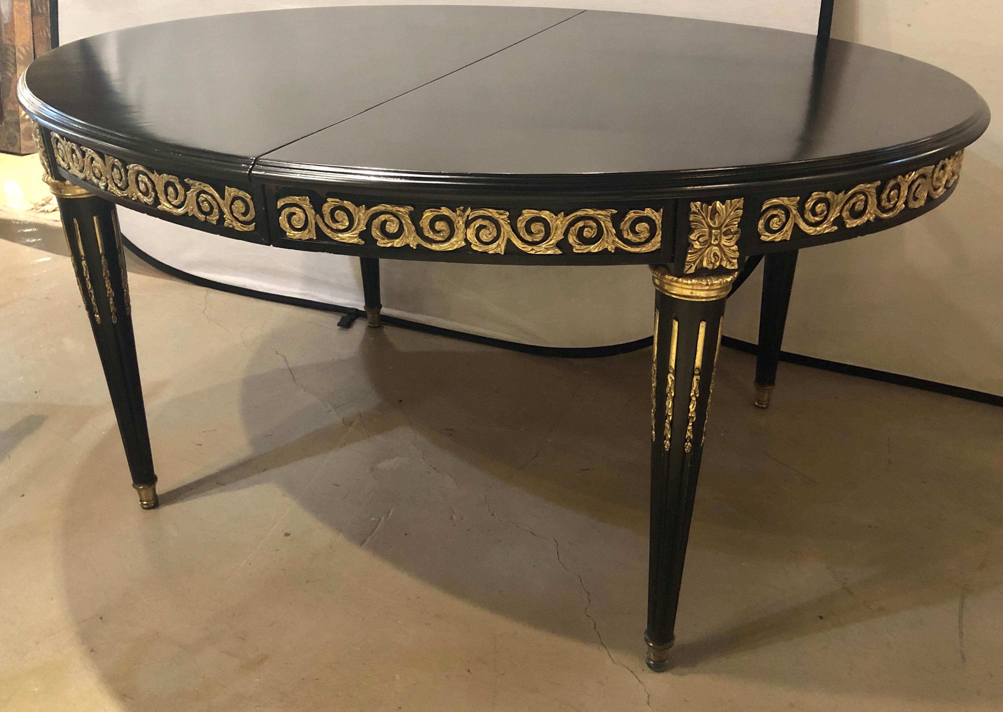 Hollywood Regency Louis XVI Style Ebony Bronze Mounted Dining Table with 1 Leaf