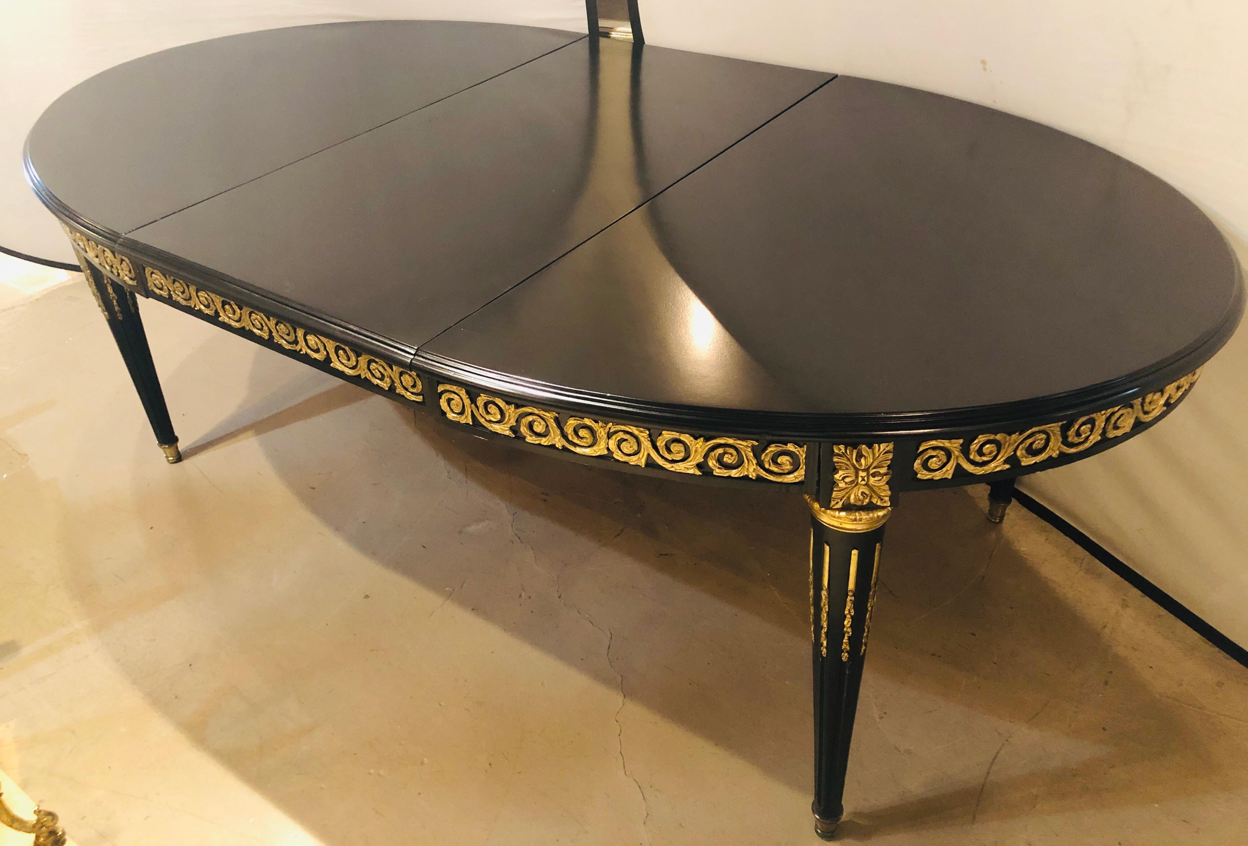 French Louis XVI Style Ebony Bronze Mounted Dining Table with 1 Leaf