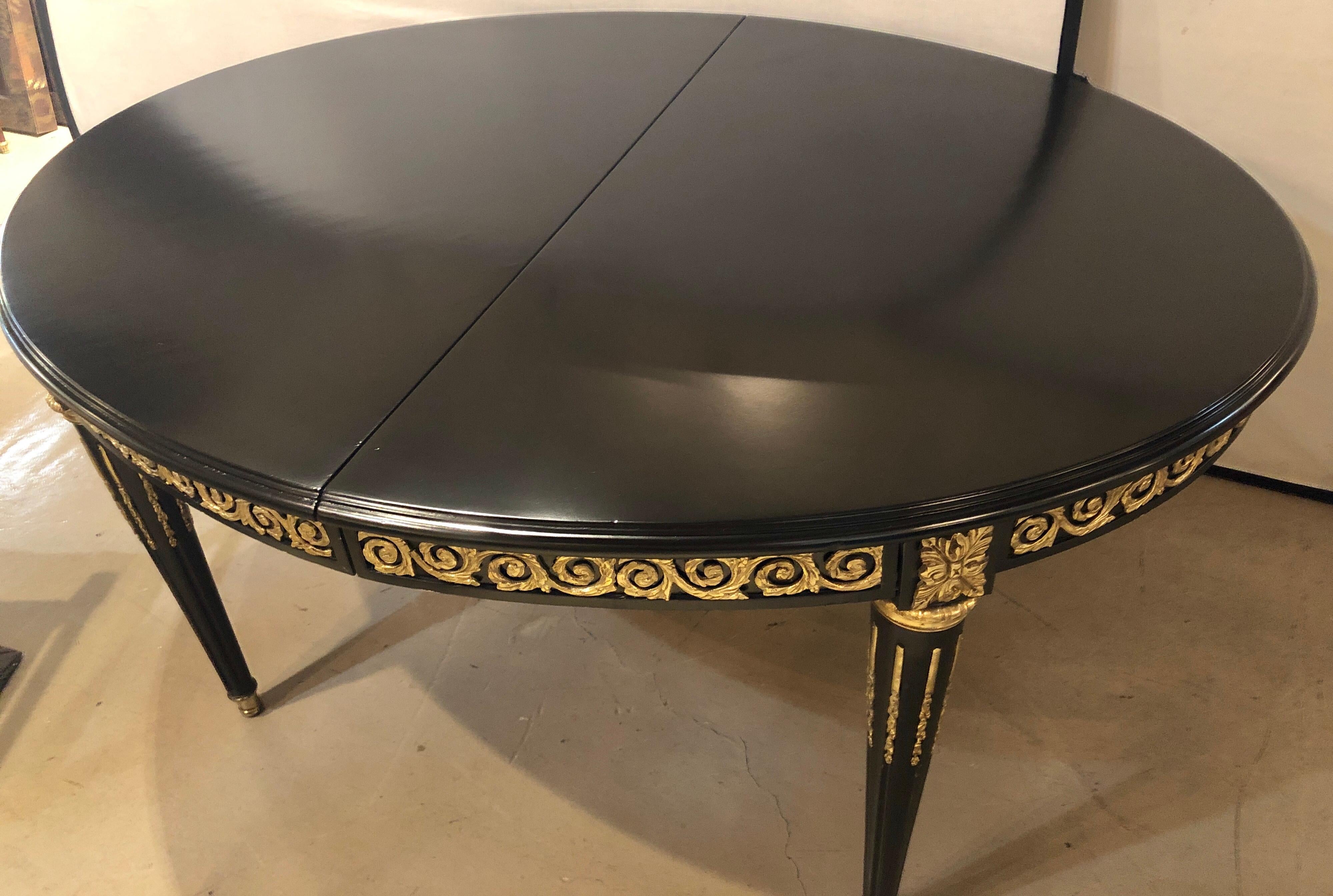 20th Century Louis XVI Style Ebony Bronze Mounted Dining Table with 1 Leaf