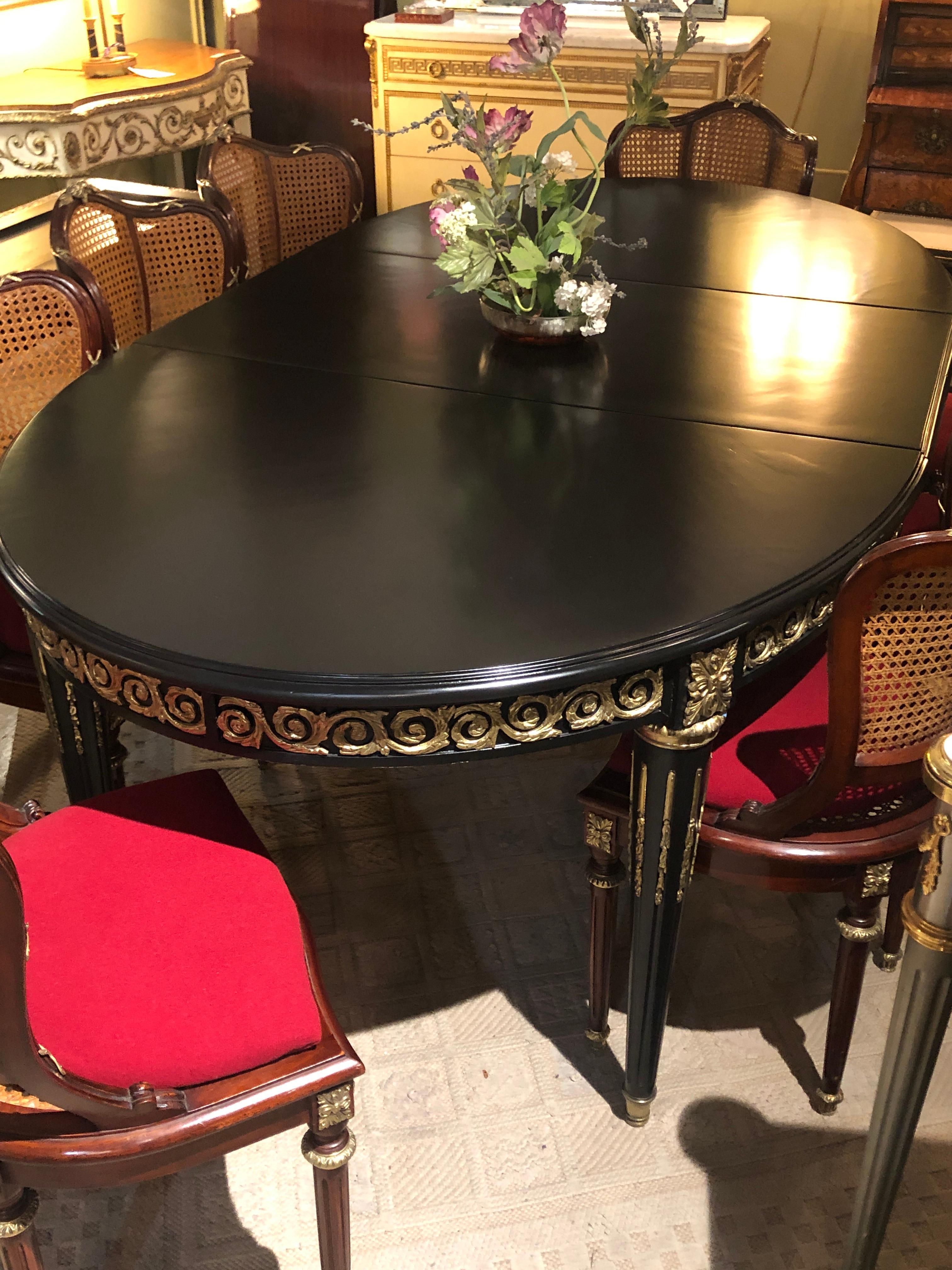 Louis XVI Style Ebony Bronze Mounted Dining Table with 1 Leaf 2