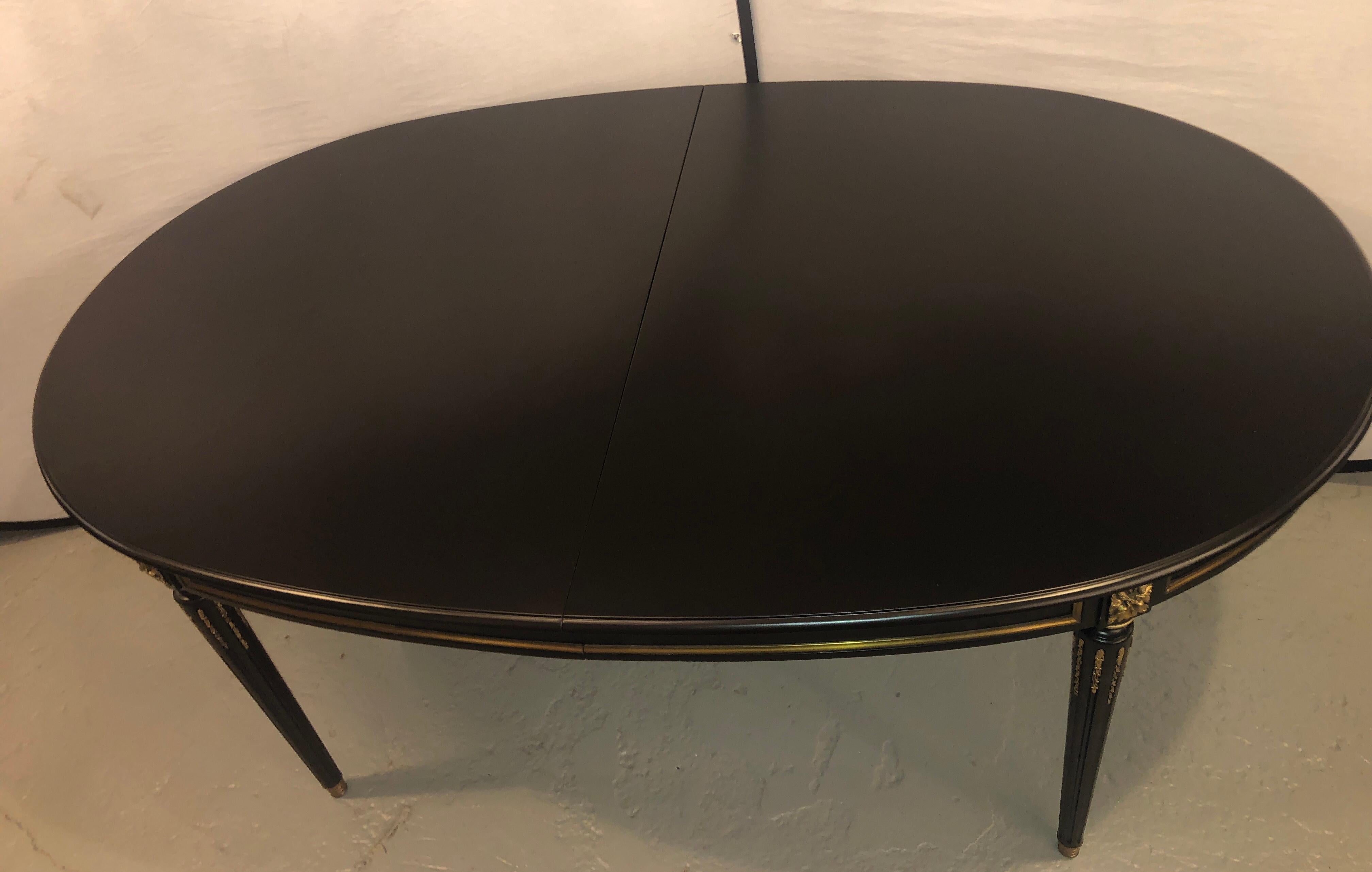 Hollywood Regency Louis XVI Style Refinished Ebony Dining Table with Two Leaves
