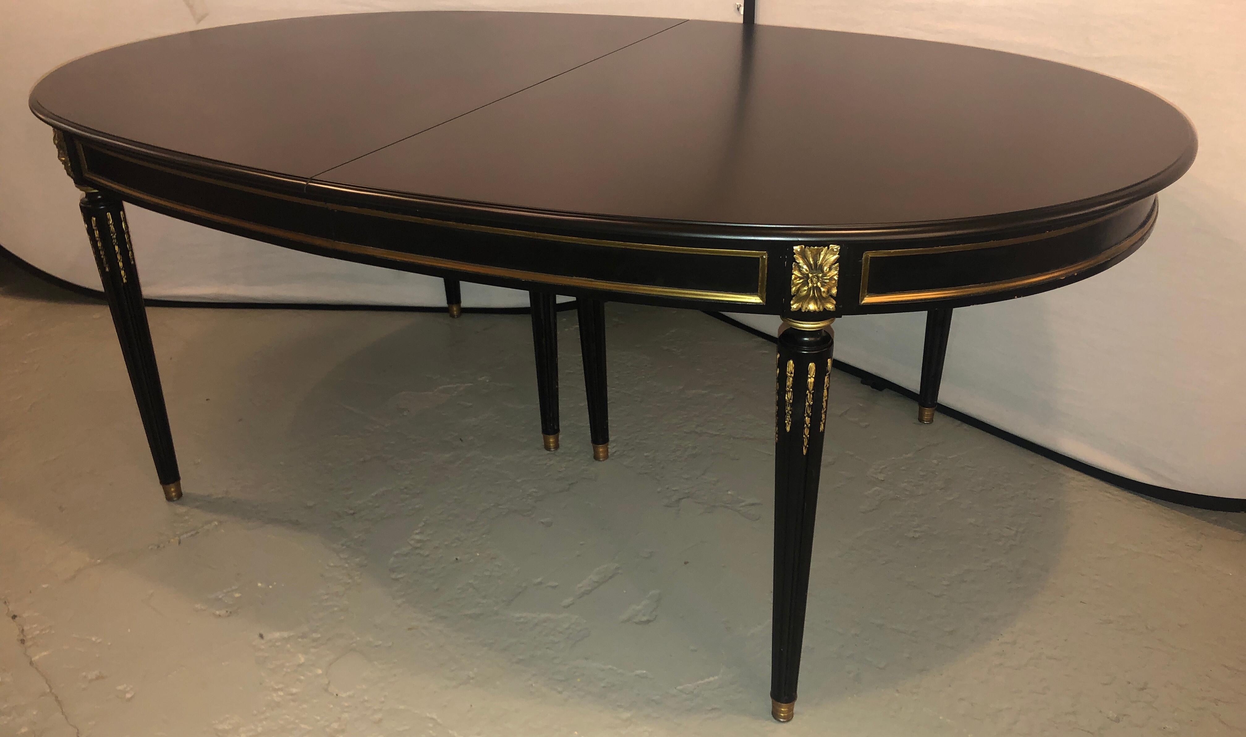 French Louis XVI Style Refinished Ebony Dining Table with Two Leaves