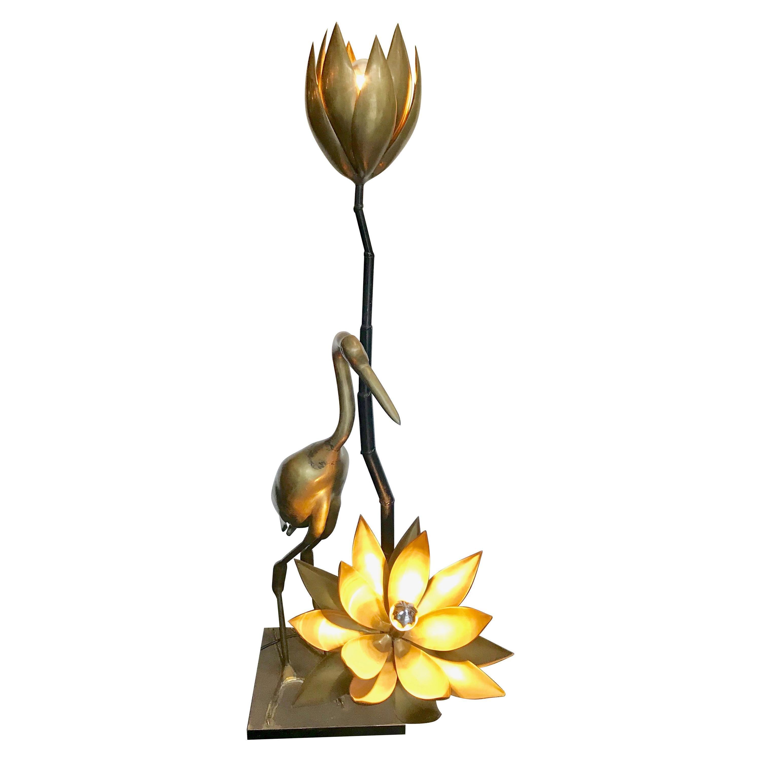 Solid Brass Crane Floor Lamp with Lotus Flower Lights