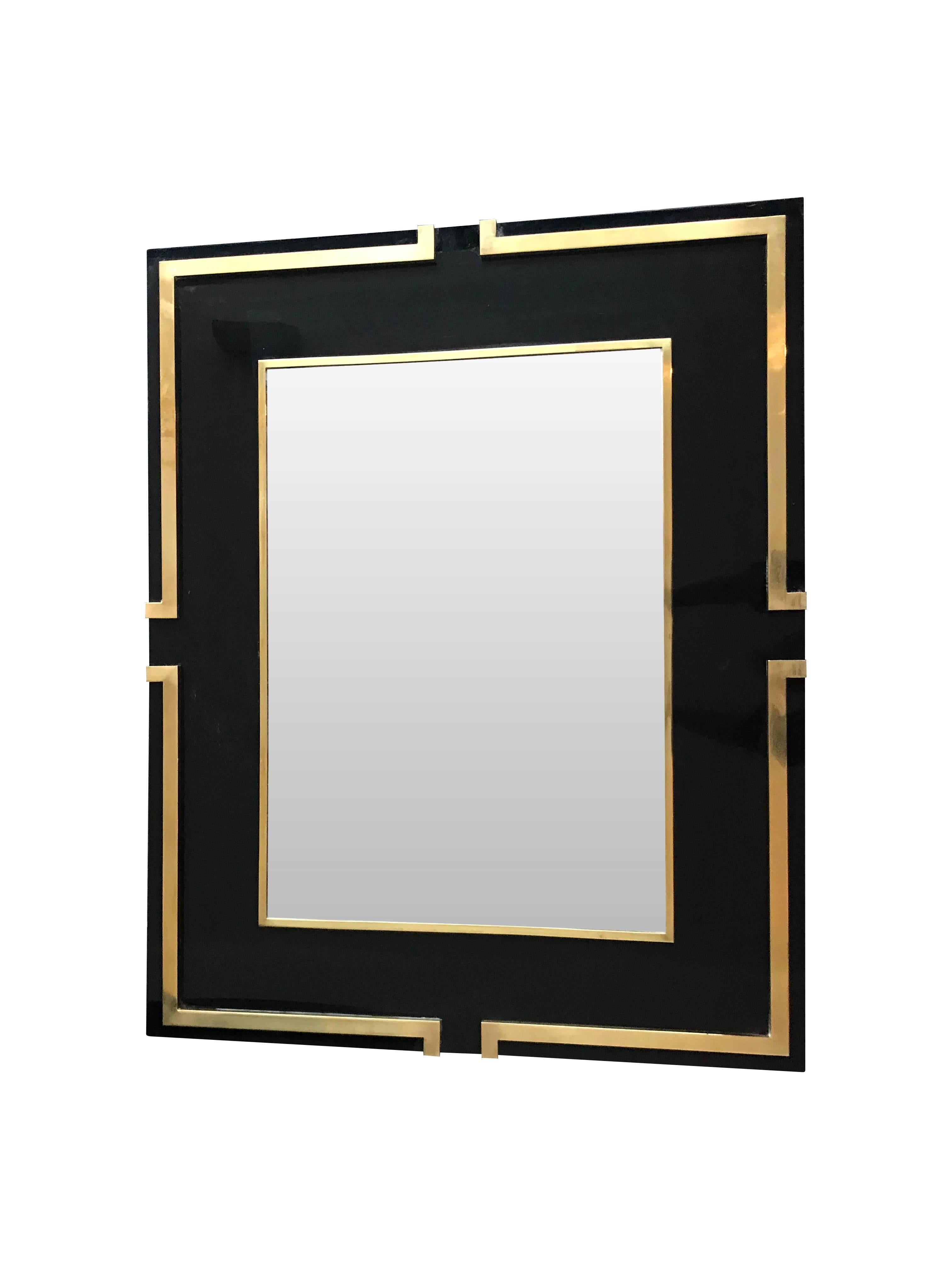 French Maison Jansen Style Black Lucite Mirror with Brass Detail