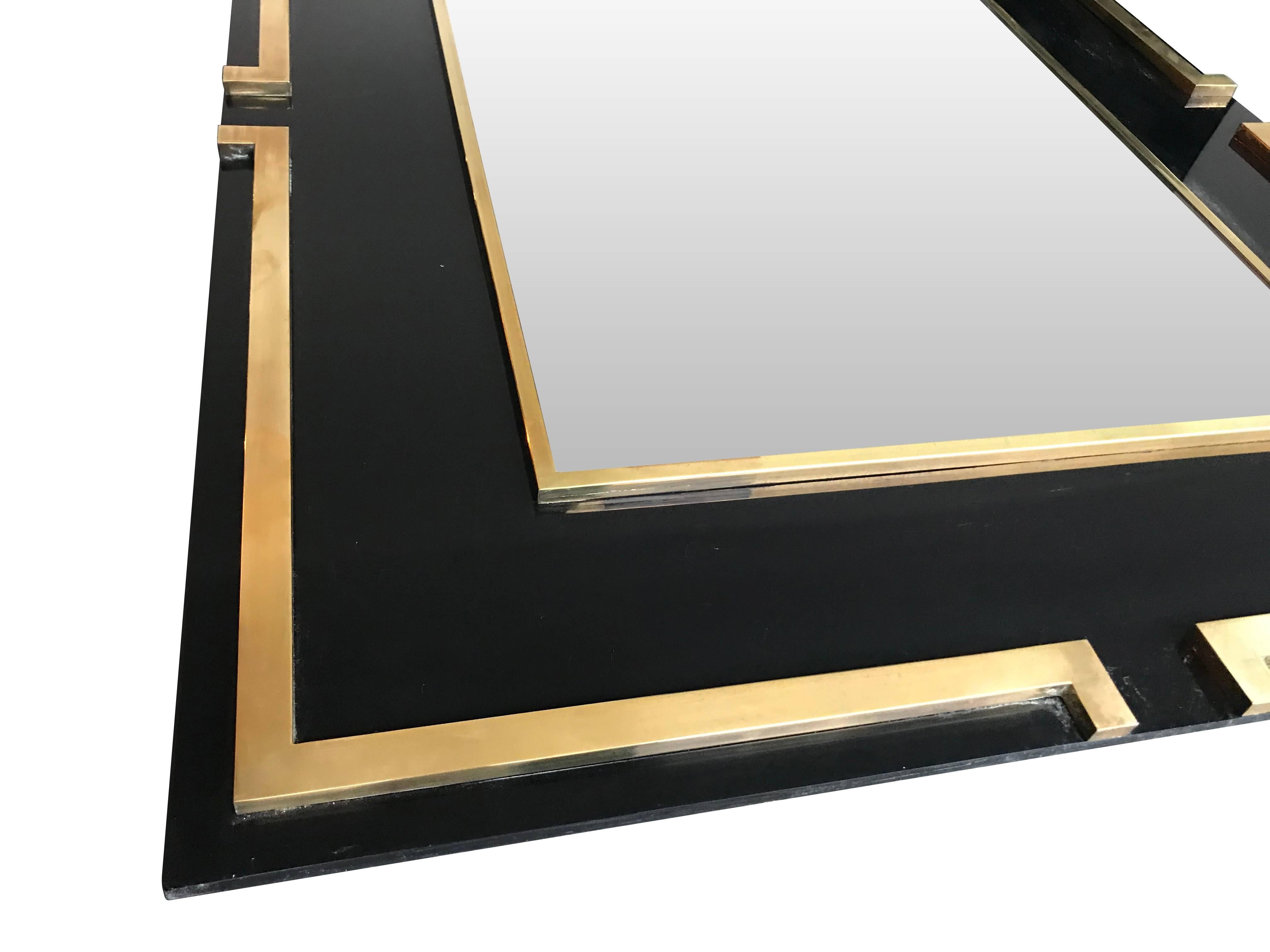 Maison Jansen Style Black Lucite Mirror with Brass Detail In Good Condition In London, GB
