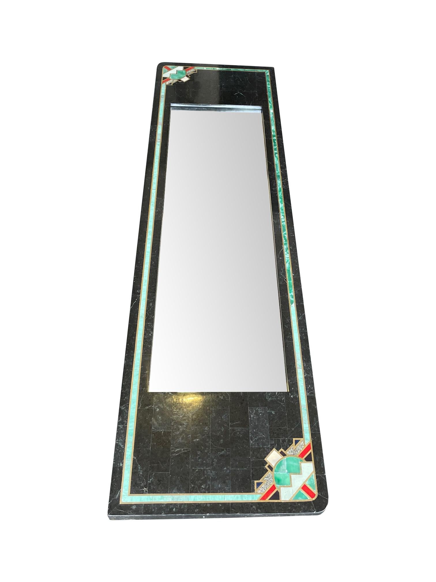 Mid-Century Modern Maitland Smith Art Deco Style Tessellated Marble Mirror with Brass Inlay