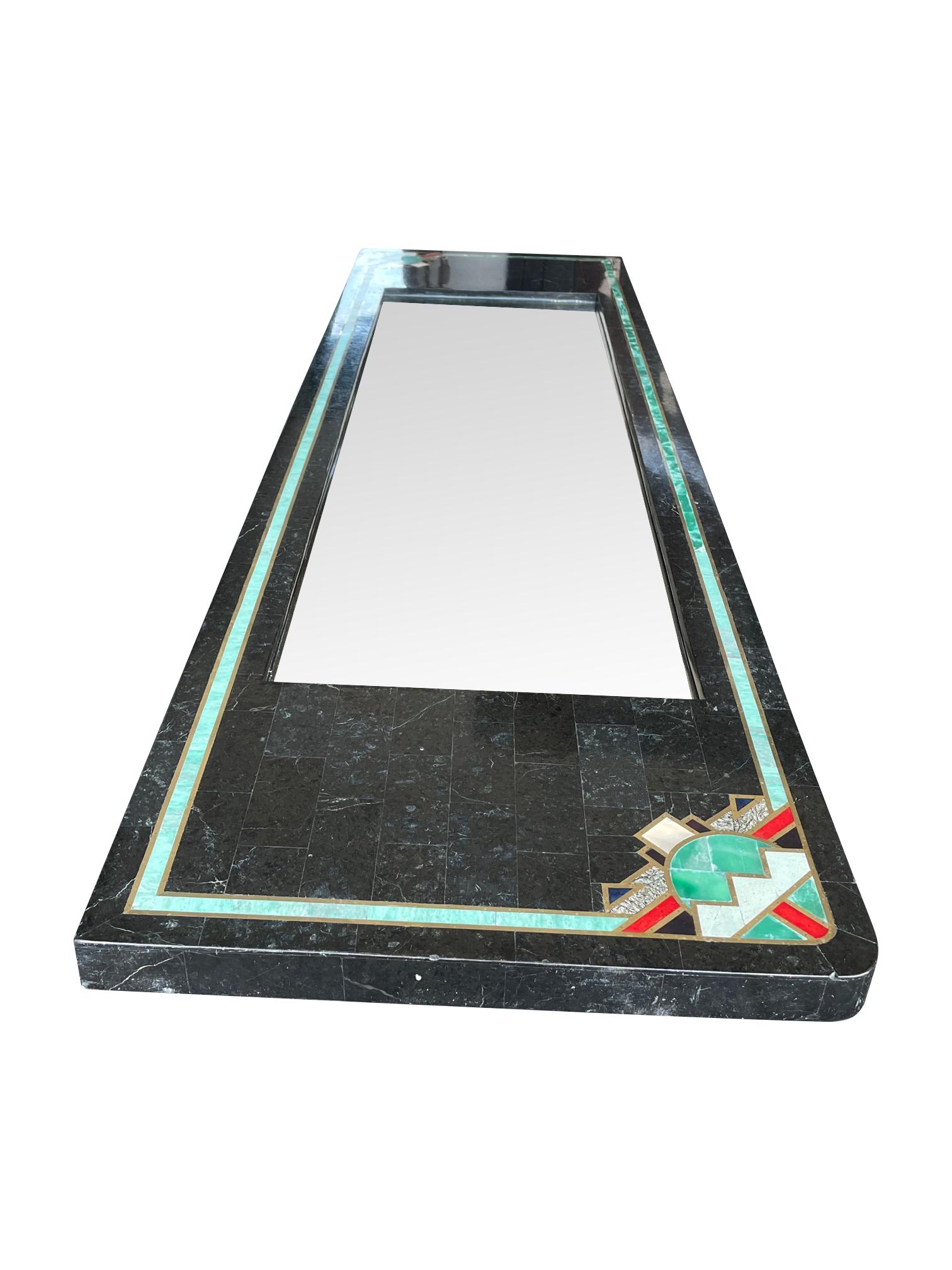 Late 20th Century Maitland Smith Art Deco Style Tessellated Marble Mirror with Brass Inlay