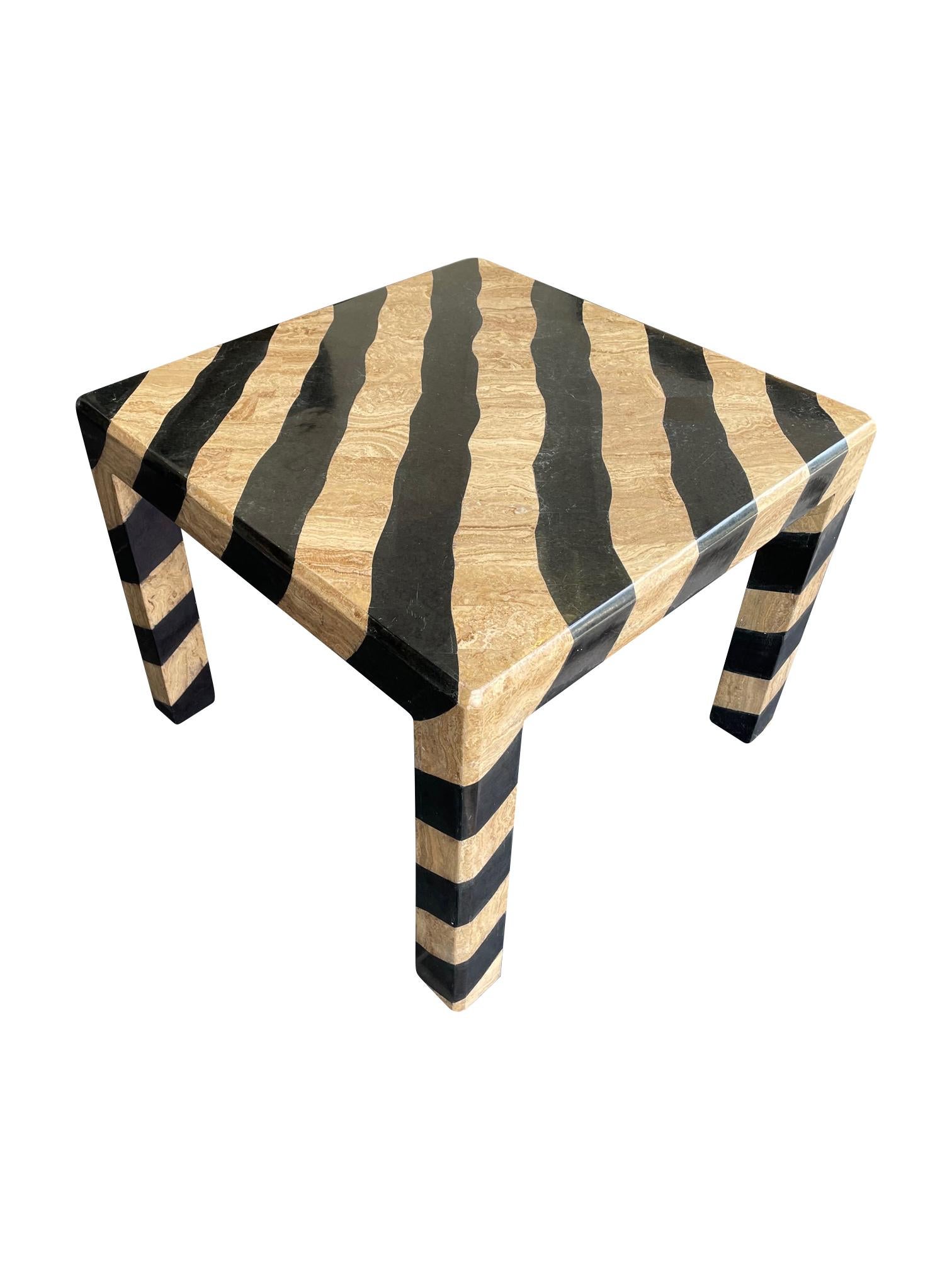 A 1970's Maitland Smith coffee table with zebra pattern tessellated marble finish. The detail and quality of work is fantastic to create large stripes over the whole table and legs.