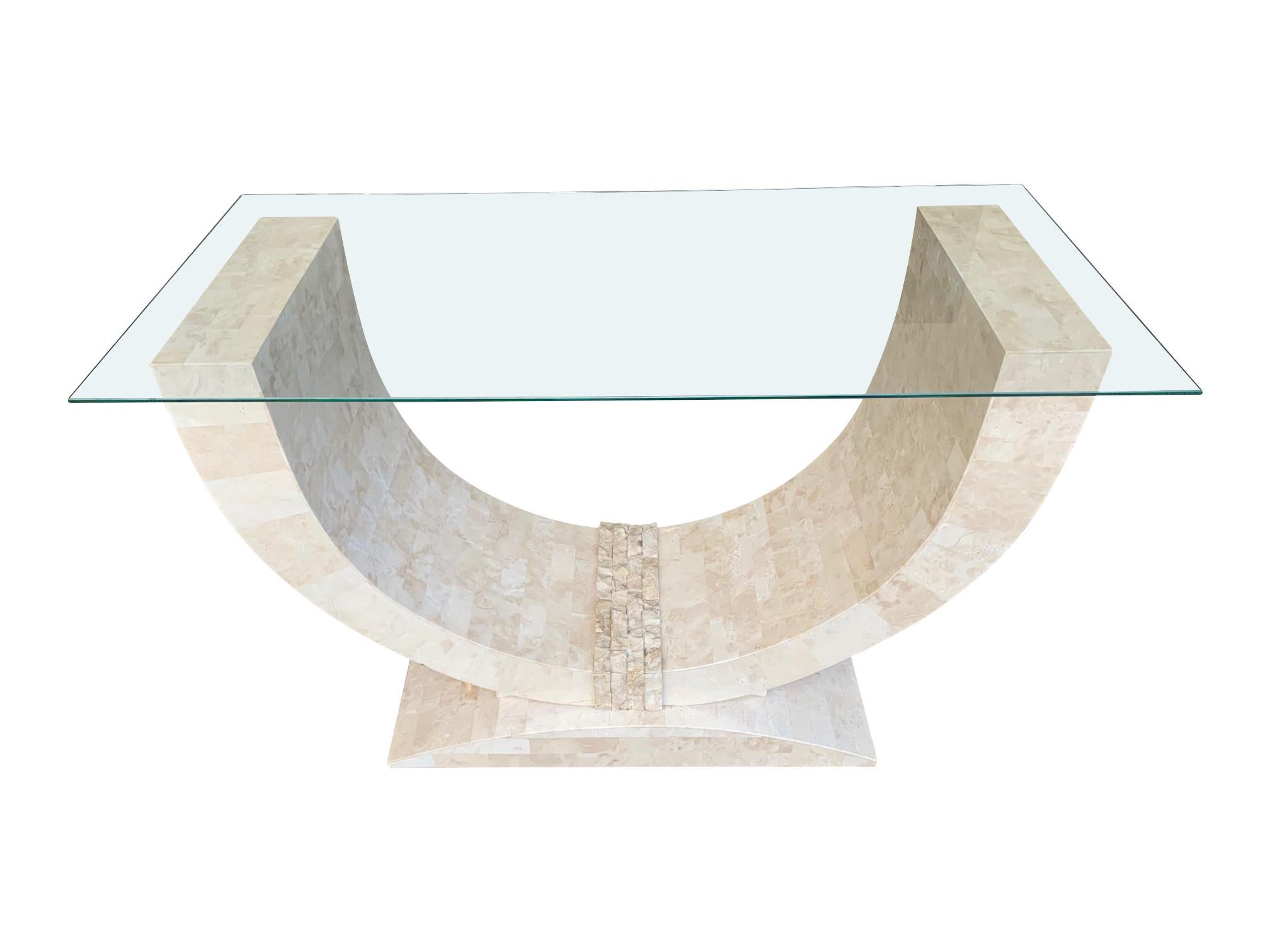 Mid-Century Modern Maitland Smith Tessellated Marble Console Table with Bevelled Glass Top For Sale