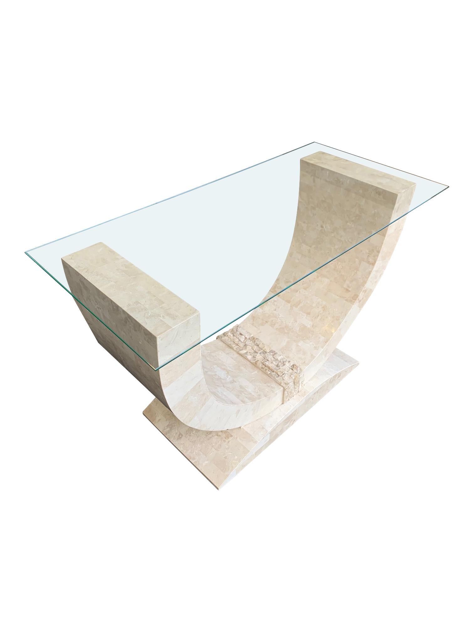 Maitland Smith Tessellated Marble Console Table with Bevelled Glass Top In Good Condition For Sale In London, GB