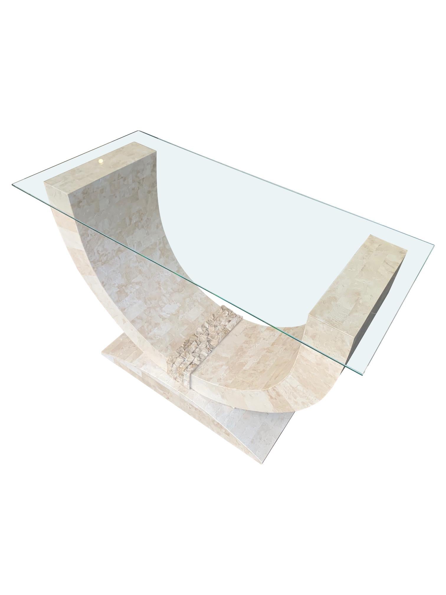 Maitland Smith Tessellated Marble Console Table with Bevelled Glass Top In Good Condition In London, GB