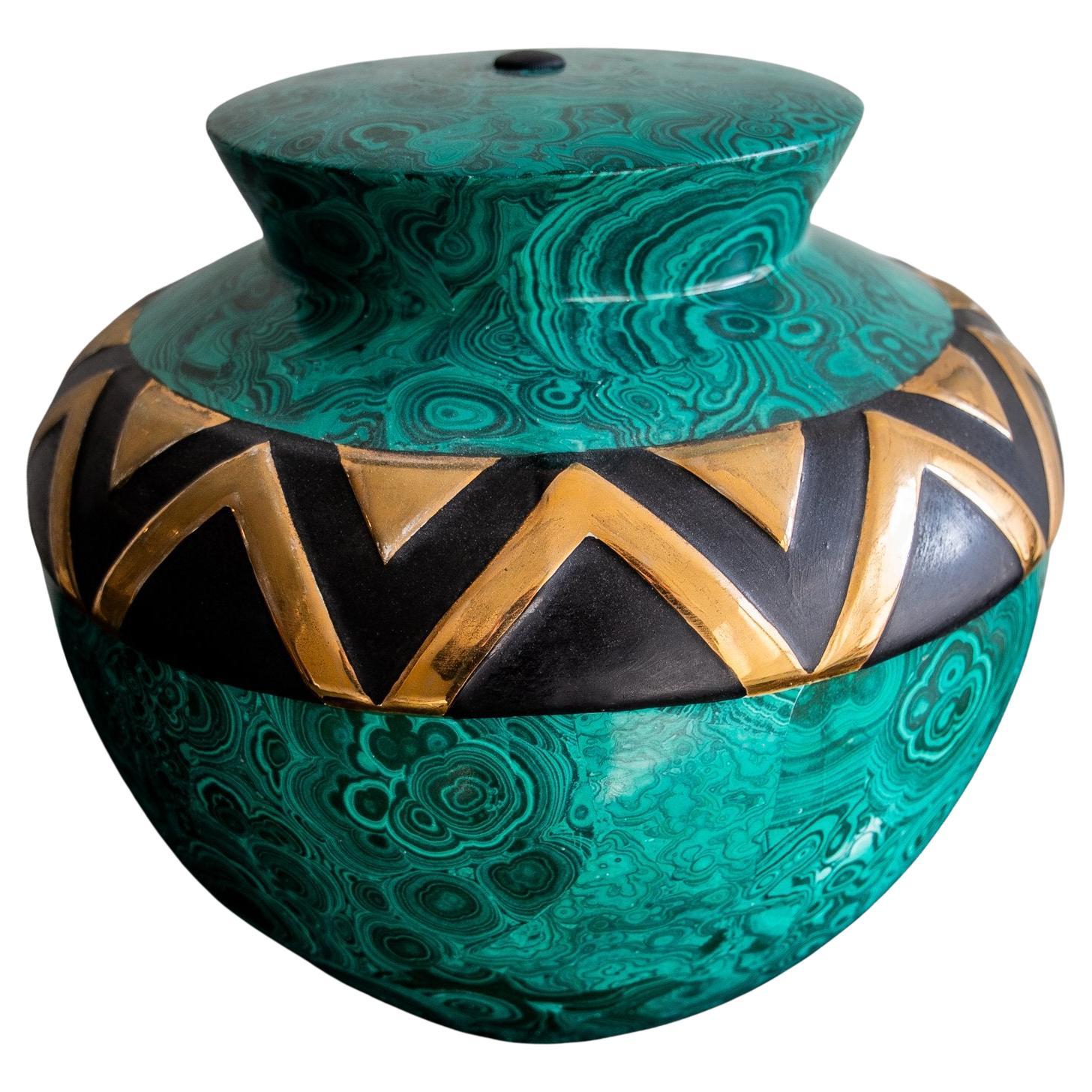 A malachite finish ceramic urn by Tomato Barbi, Milano 1970