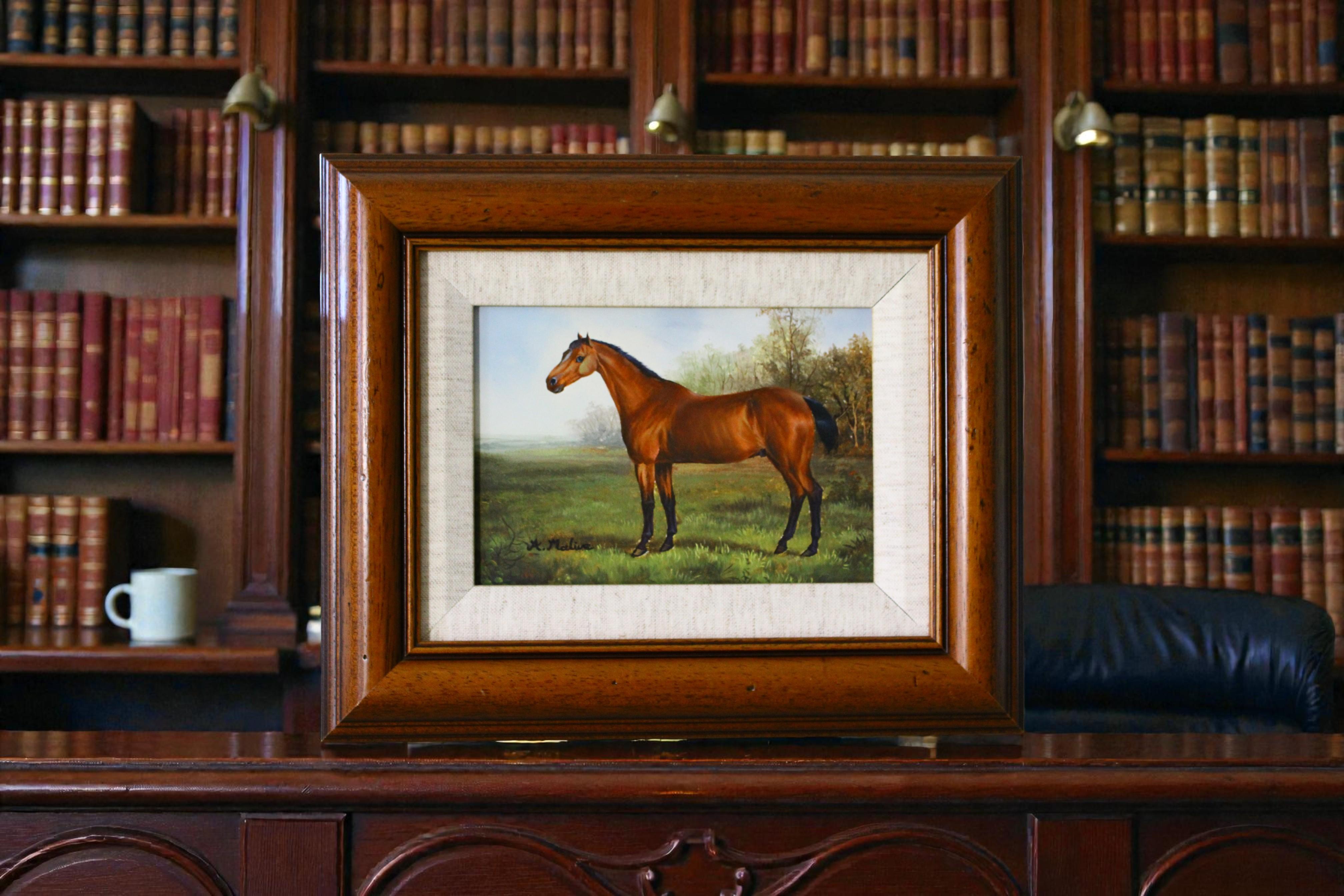 Pintura de caballos, Retrato de caballo original de época firmado en francés, Ecuestre - Painting Victoriano de A. Malive