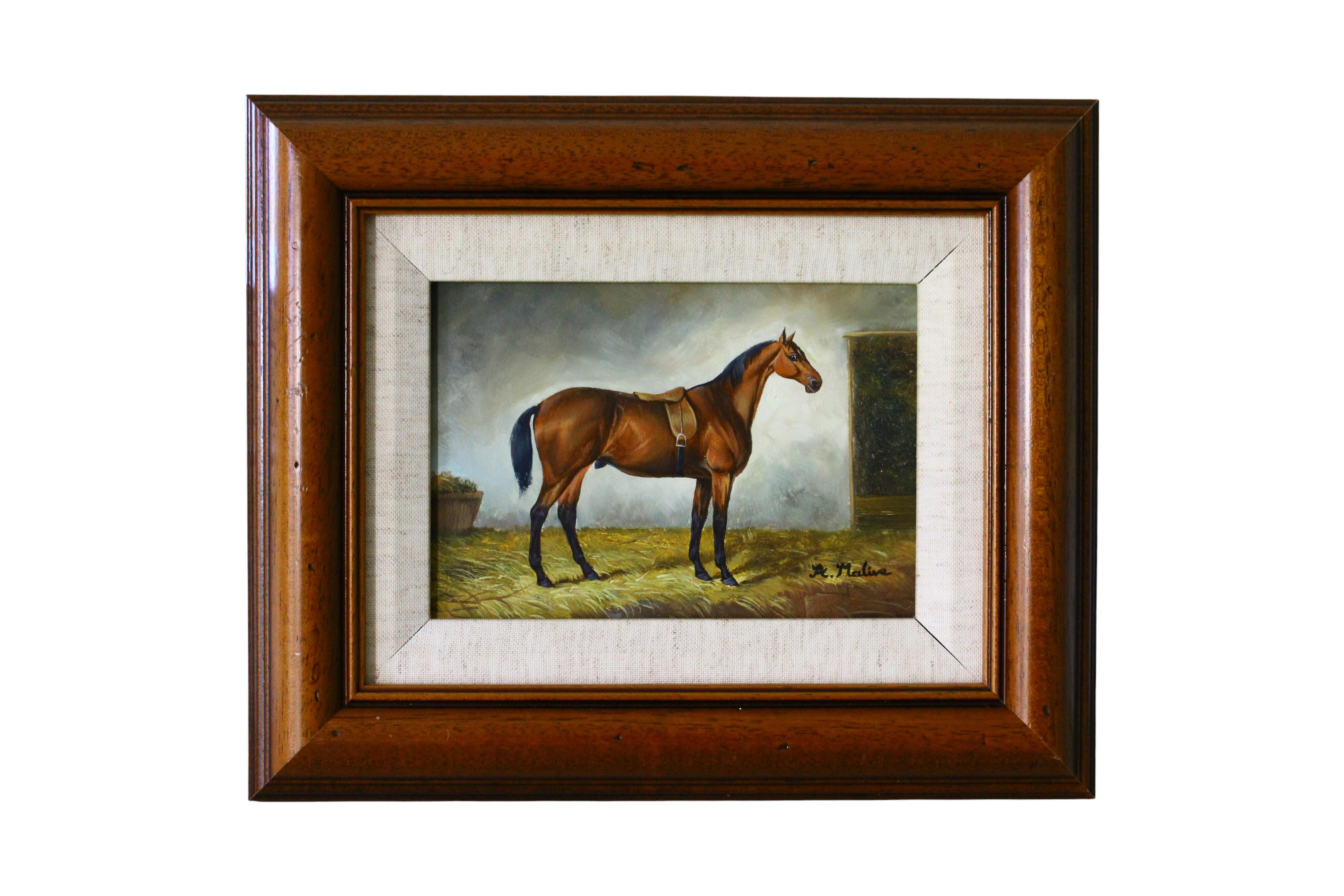 Horse Painting, Original French signed vintage horse portrait, Equestrian Stable