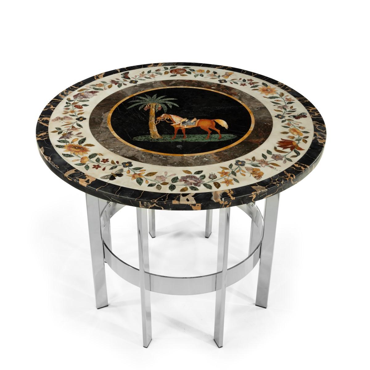 A Maltese pietra dura table top attributed to Joseph Darmanin & Sons, the circular top intricately inlaid with a central scene depicting a saddled chestnut horse tethered to a date palm tree, within concentric bands of grey and Nero Portoro marble