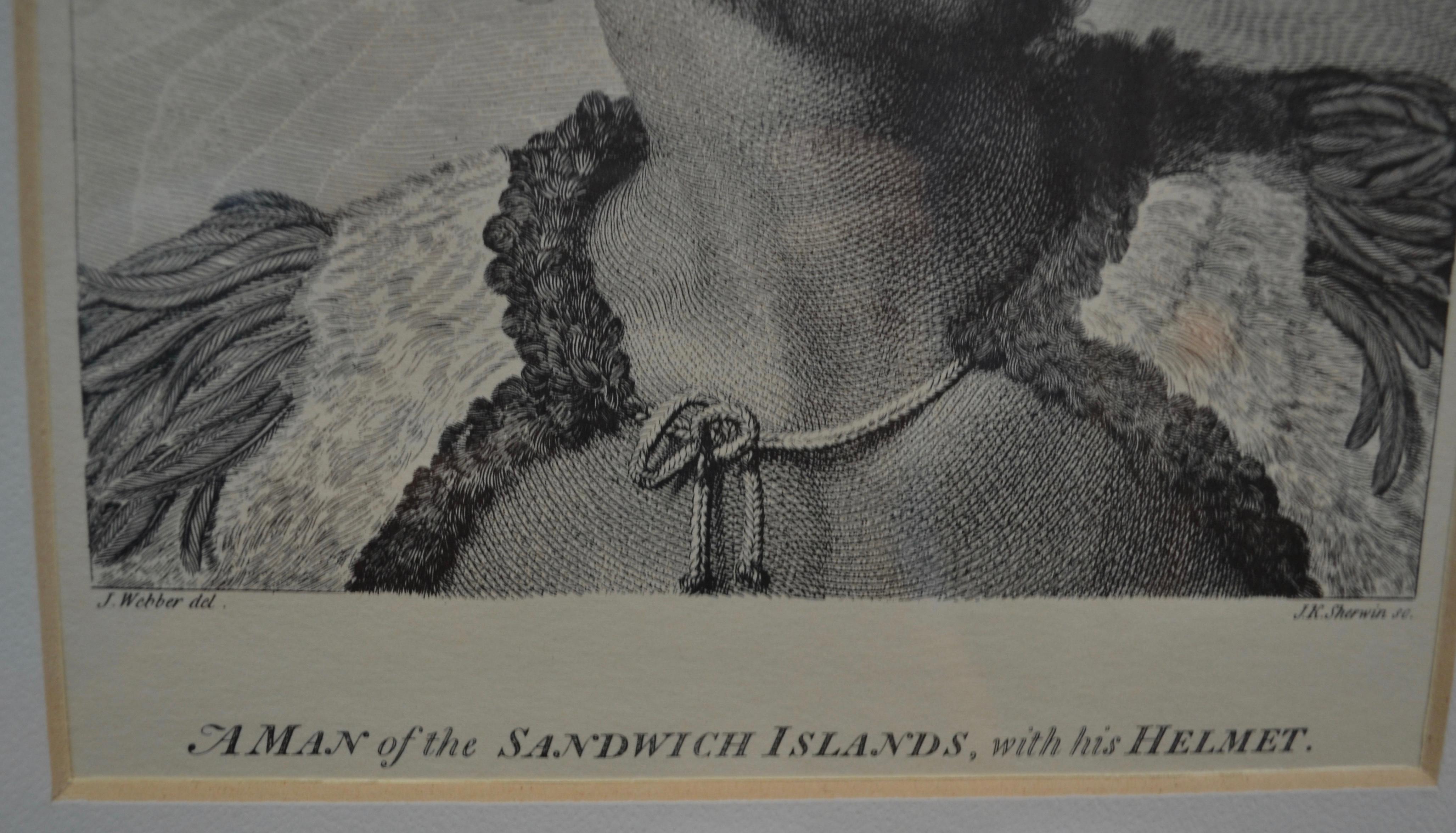 Man of the Sandwich Islands, mit seinem Helm von J. Webber del. J.K. Sherwin Sc. (18. Jahrhundert) im Angebot