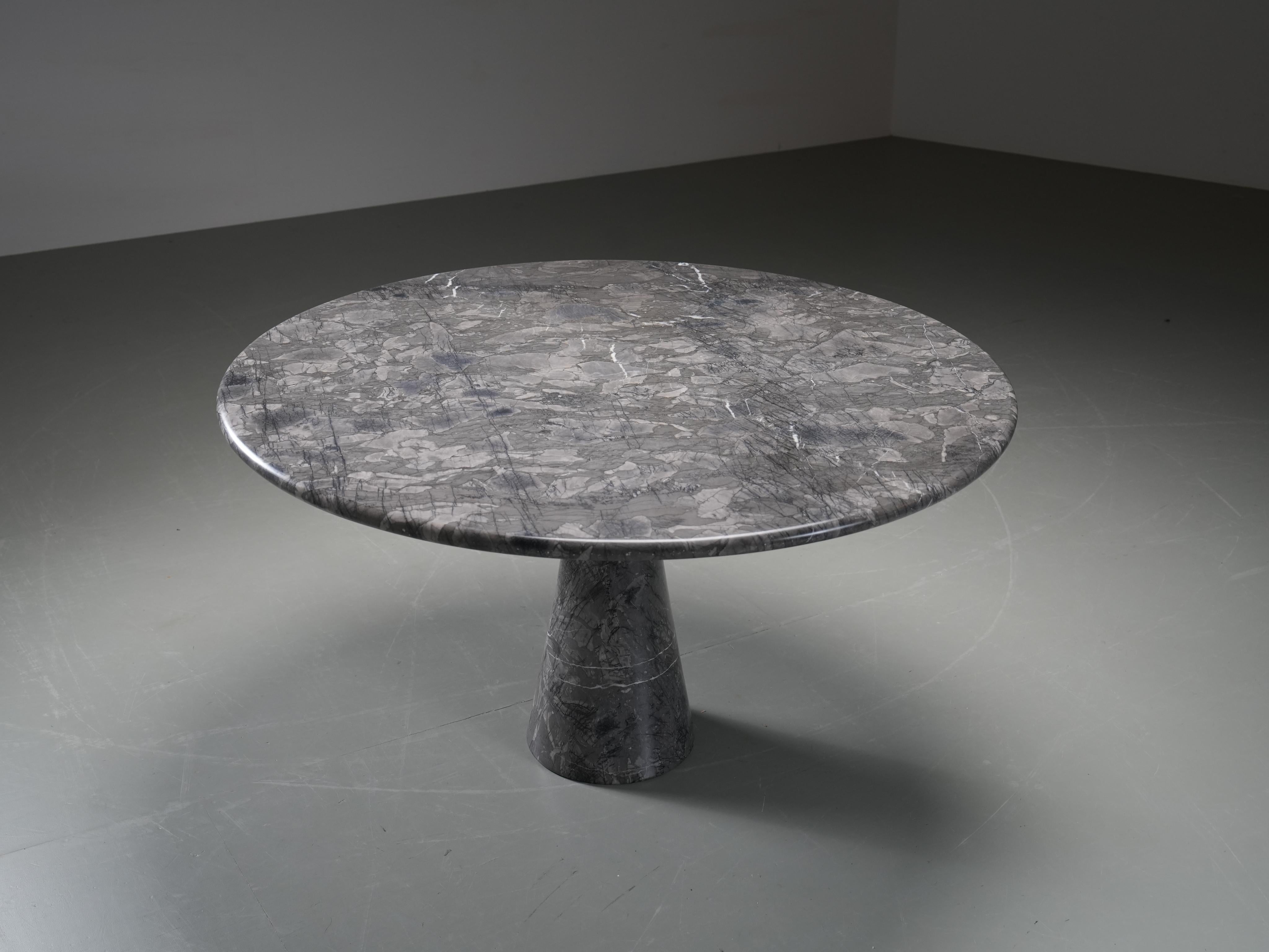 Rare ‘M1’ dining table designed by Angelo Mangiarotti for Tisettanta, executed entirely in Grigio Carnico marble from the Friuli region in Italy. This marble is known for its deep, dark grey tone with bold white veining that gives each piece a