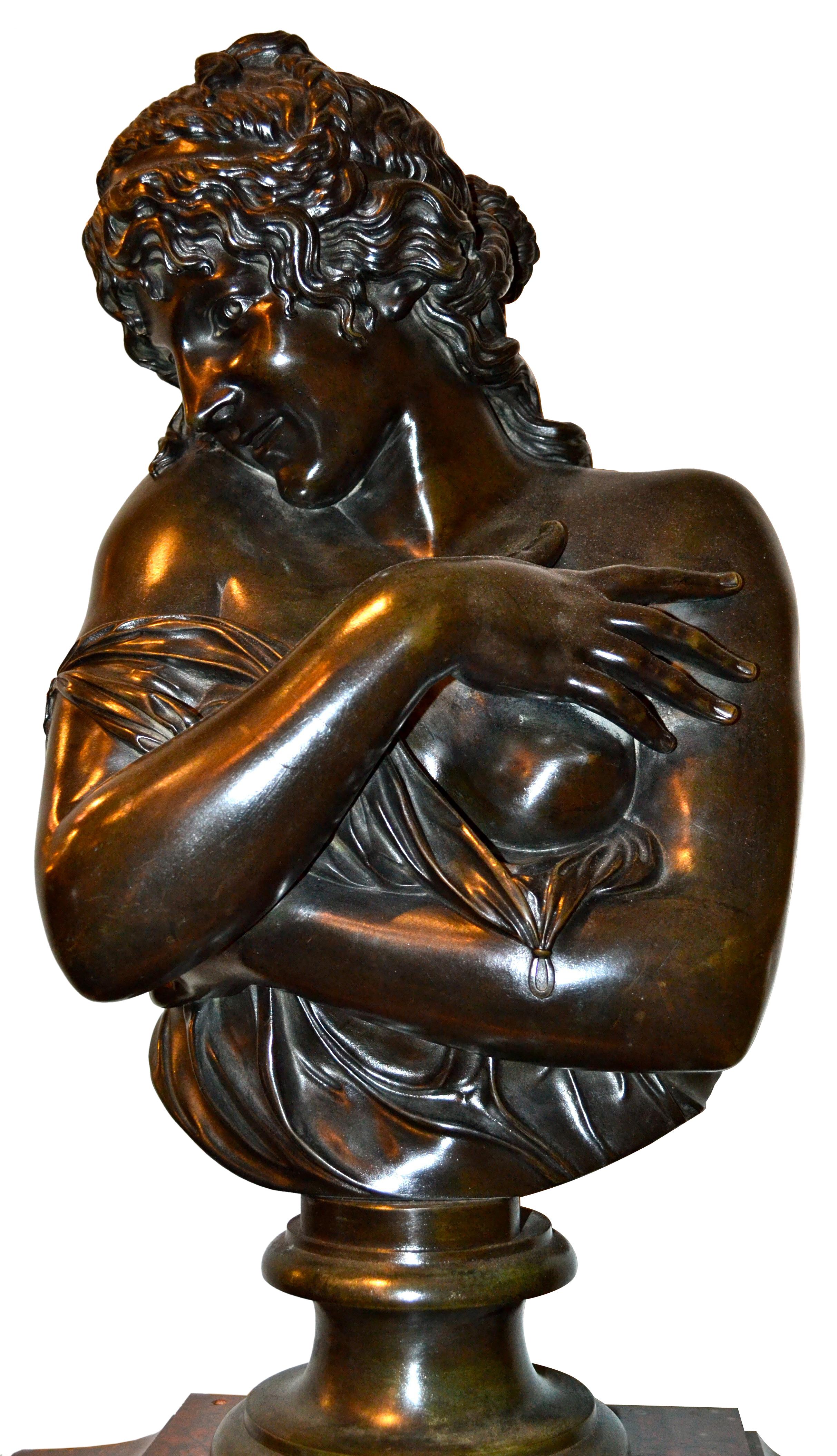 French Griotte Marble and Gilt Bronze Clock Mounted by a Classical Female Bronze Bust For Sale