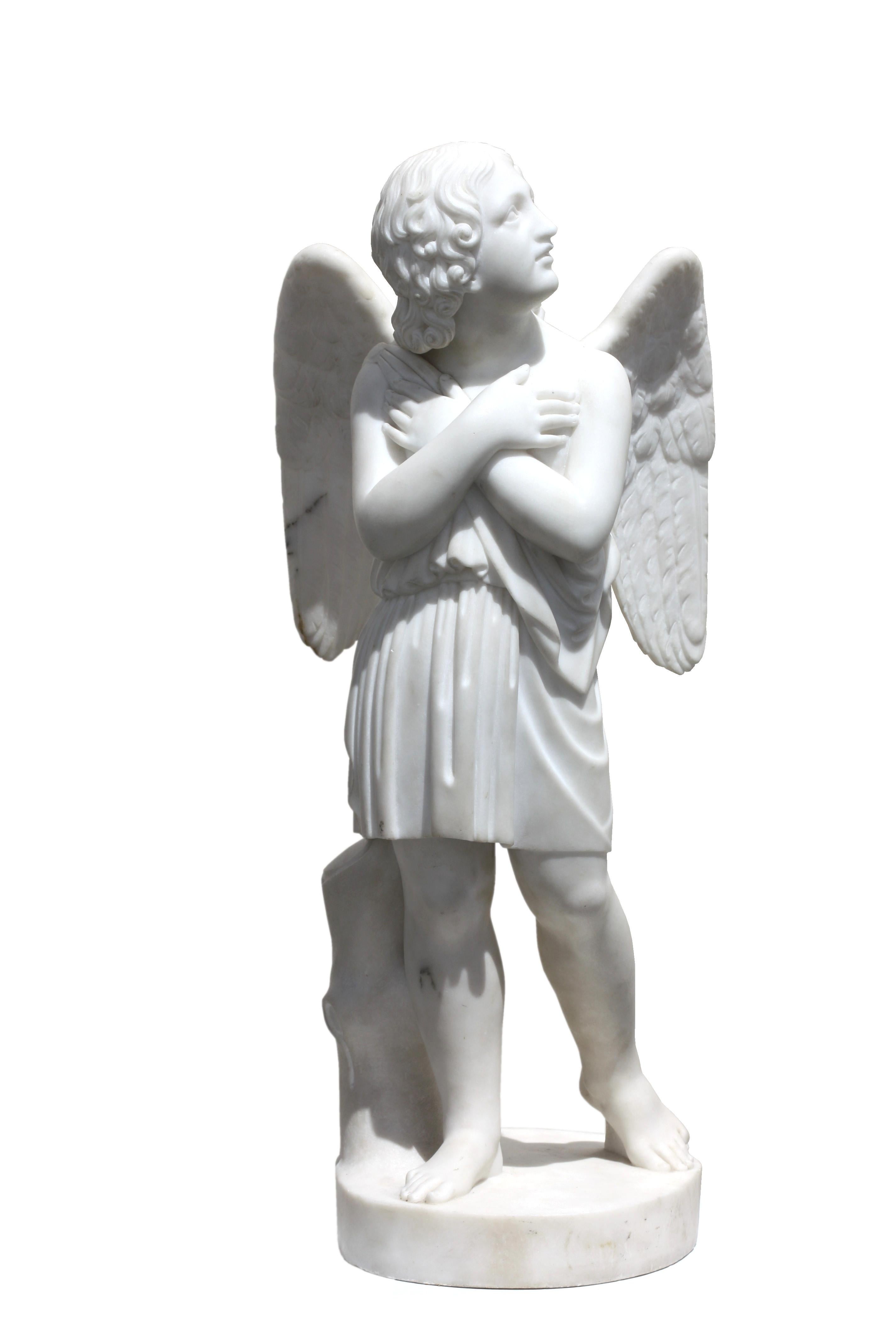 A marble figure of an angel after Pietro Bazzanti (c.1823-c.1874)
Florence, 19th century
carved in the round, the gaze directed towards heaven and hands folded over the chest, integral circular base 
Measures: Height 25.37 in. (64 cm.) 
Width