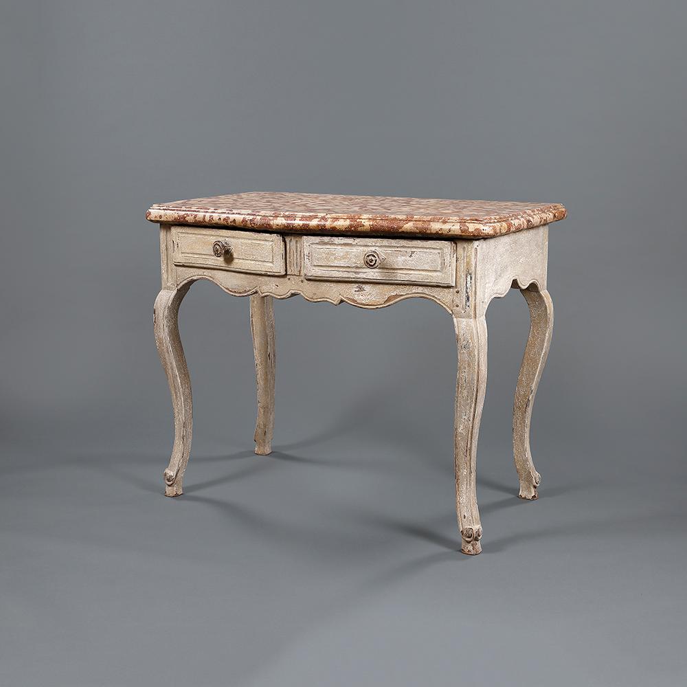 An 18th century side table with two drawers in the frieze, painted dove grey and unusually with the top in Guillestre Breccia marble, from the Hautes Alpes, France.