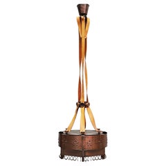 Art and craft style, copper, glass and leather ceiling light, 20th century