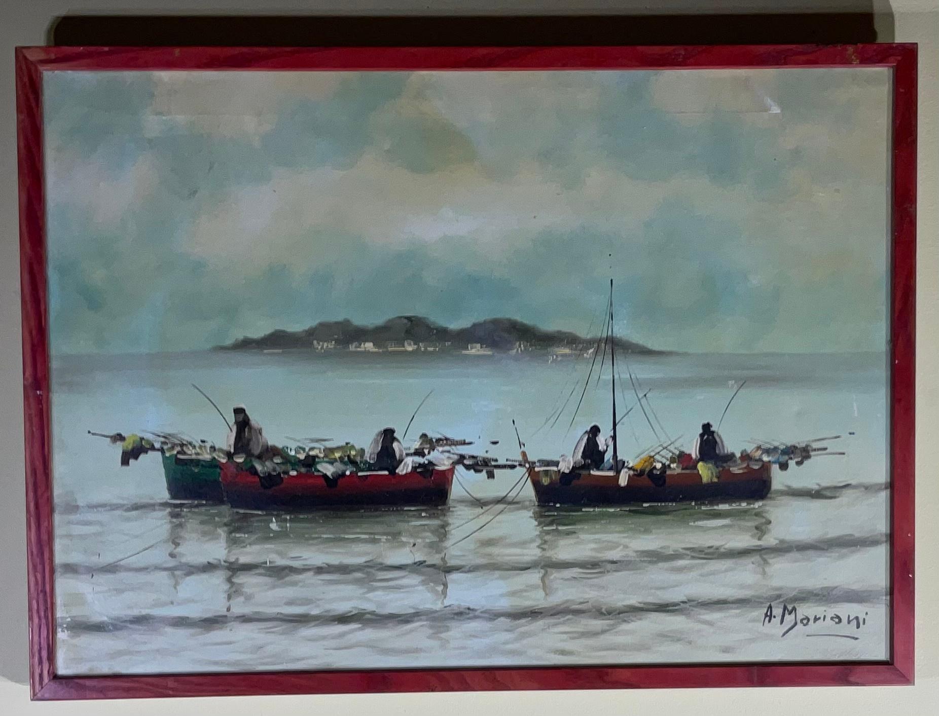 Vintage oil painting on canvas of fisherman in the bay of Naples.